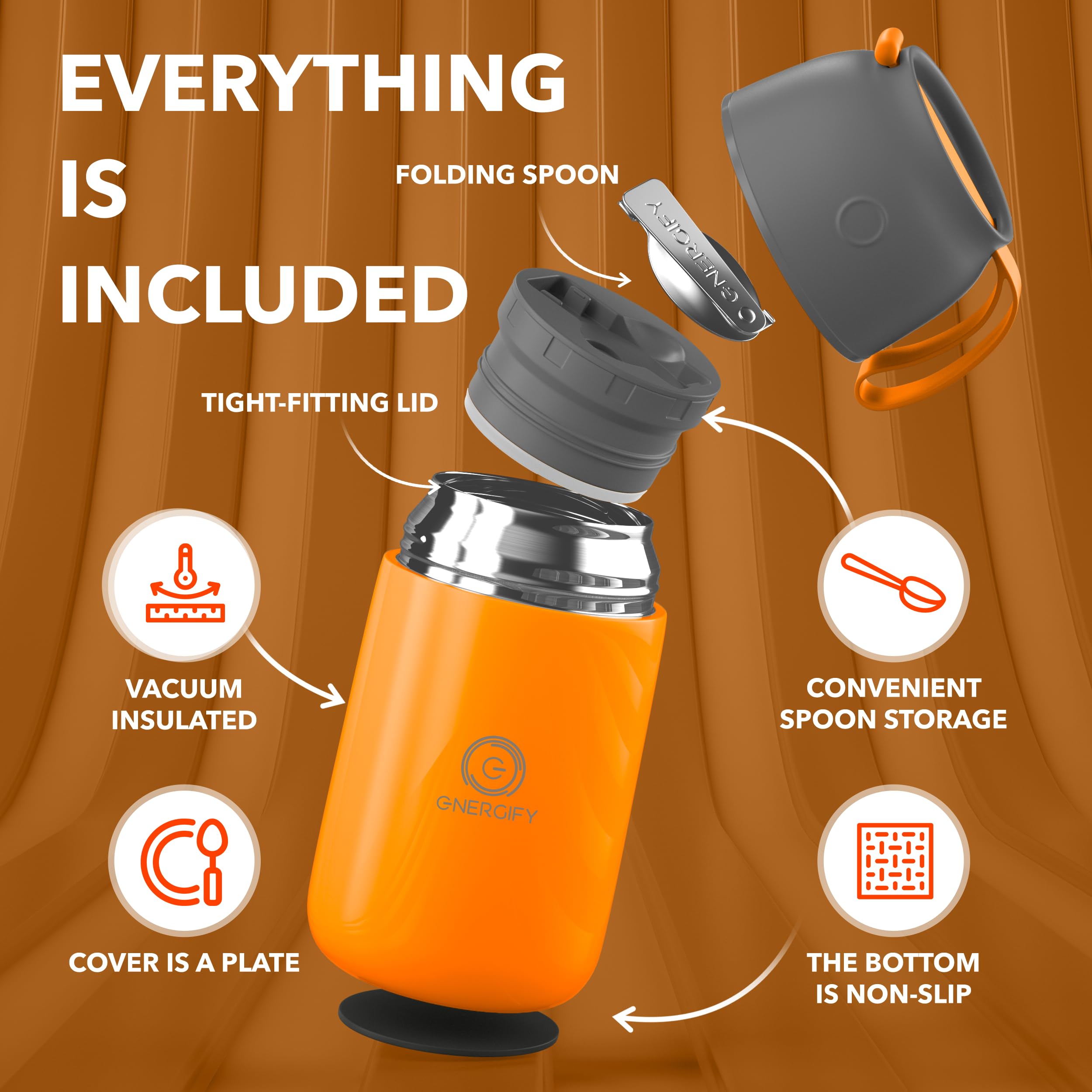 Vacuum Insulated Food Jar. Large 24Oz Bowl Incl. Folding Spoon, Cup. Wide Mouth Thermos Keep Hot & Cold Drinks, Soup. Thermo Lun