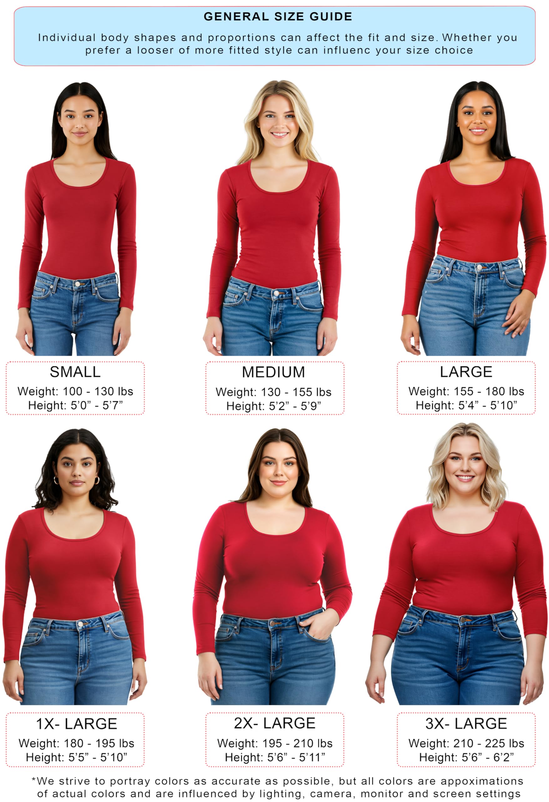 Emmalise Womens Junior And Plus Size Basic Scoop Neck Tshirt Long Sleeve Tee, Large, Red