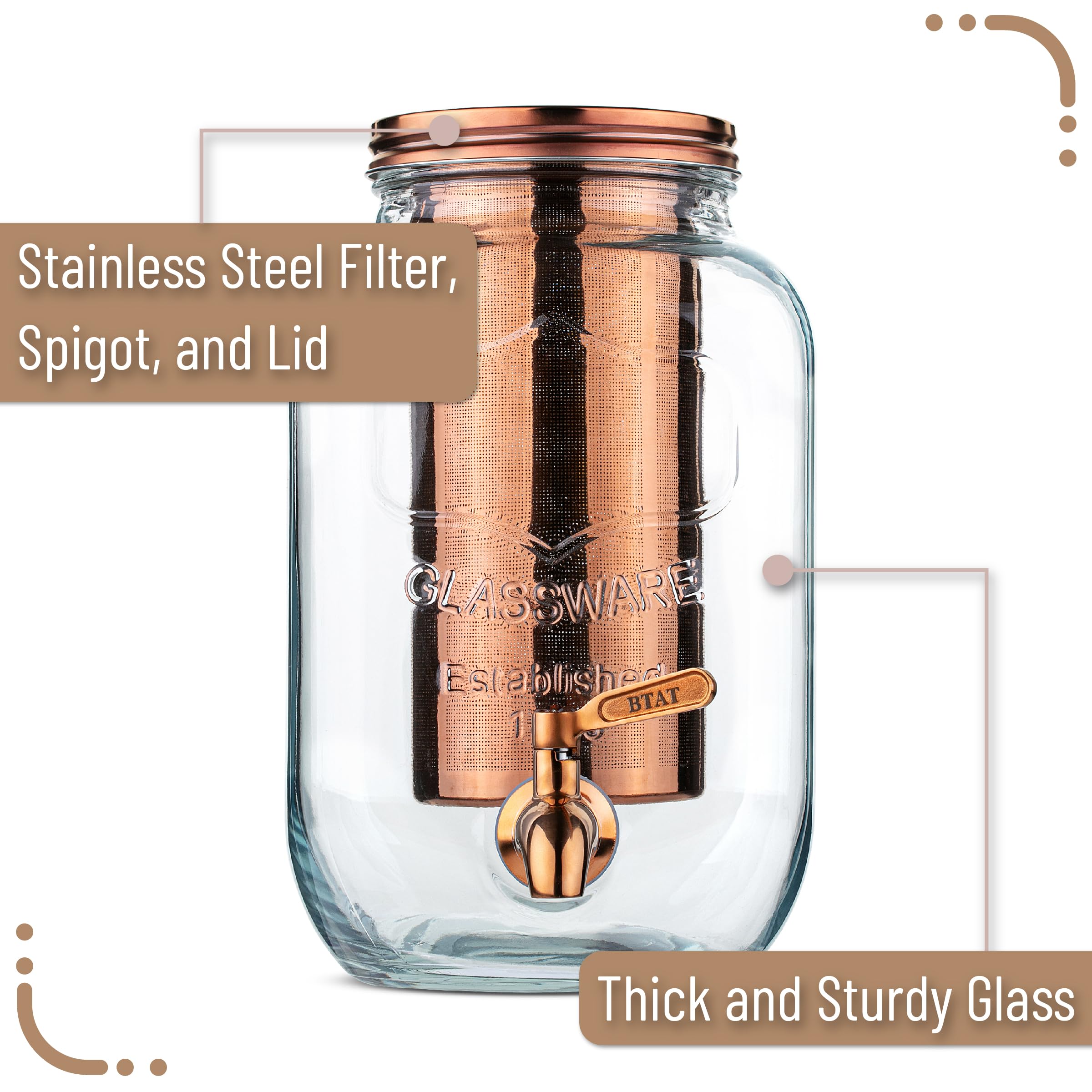 Brew To A Tea Cold Brew Coffee Maker, 1 Gallon, Rose Gold, Mason Jar, 16 Servings