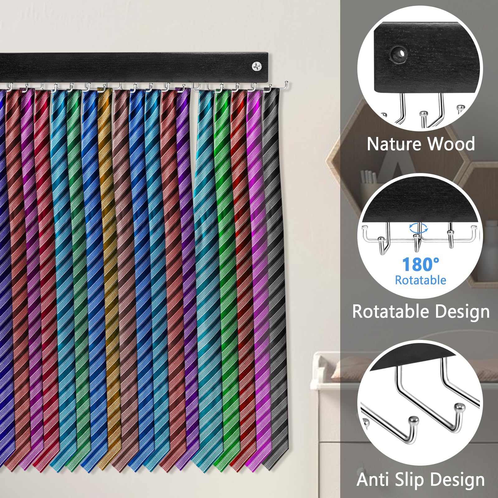 Tie Rack Wall Mounted, Tie, Belt And Scarf Hanger 20 Hook, Tie And Belt Organizer