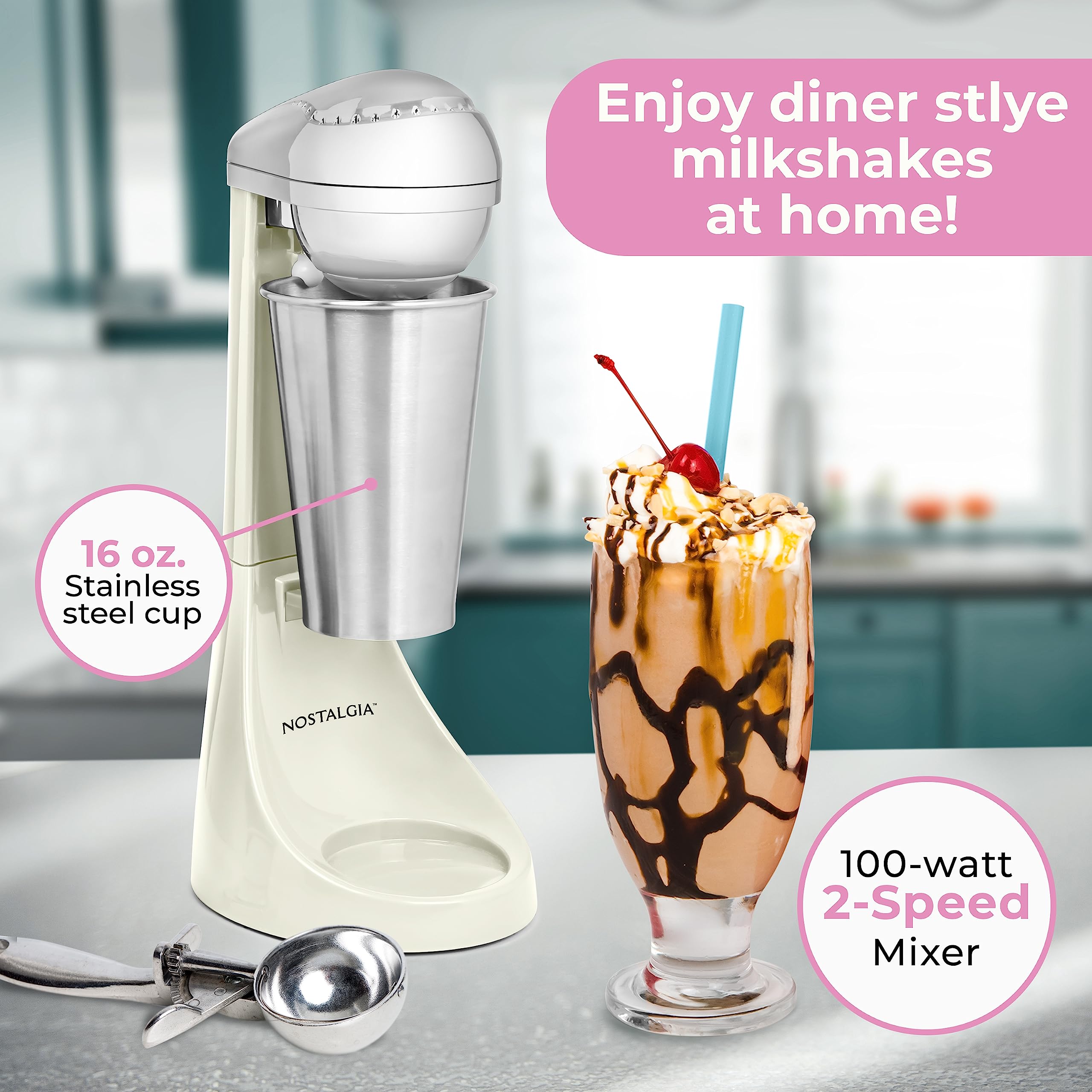 Nostalgia Two-Speed Electric Milkshake Maker And Drink Mixer, Includes 16-Ounce Stainless Steel Mixing Cup And Rod, Cream