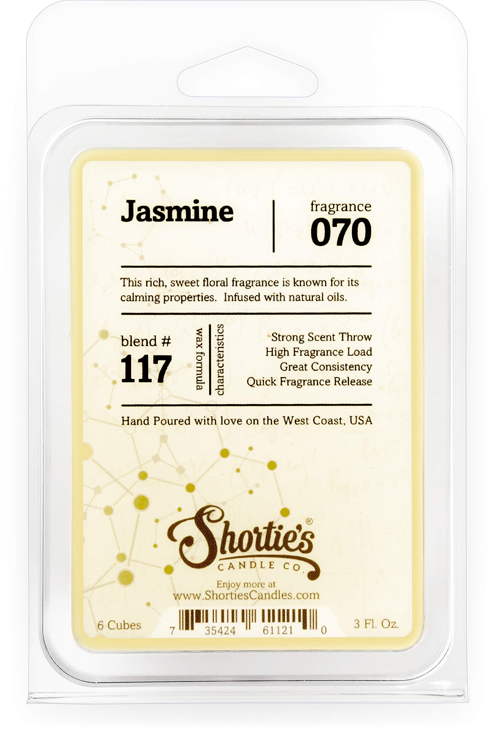 Shortie's Candle Company Pure Jasmine Wax Melts - 1 Highly Scented 3 Oz. Bar - Made with Essential & Natural Oils - Flower & Flo
