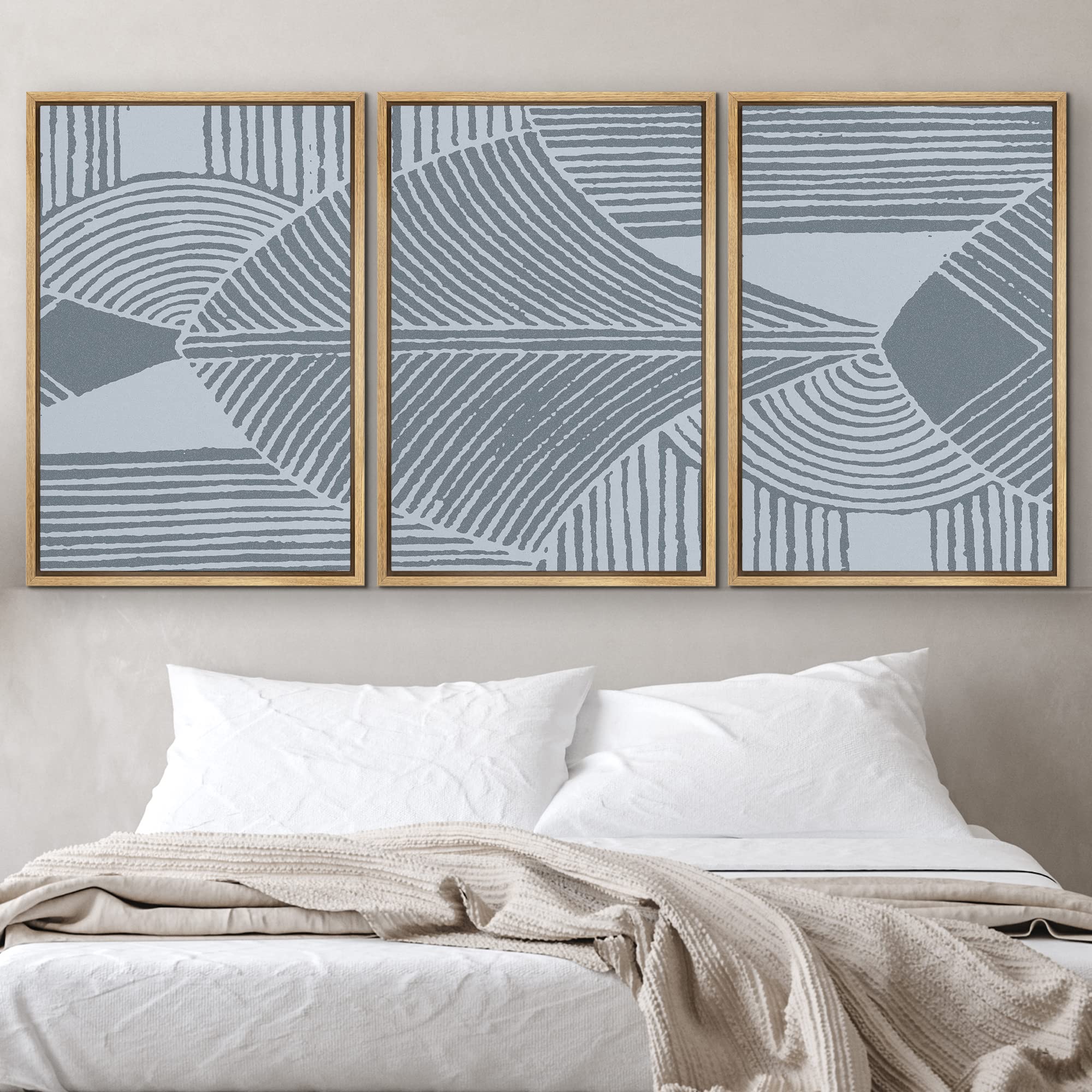 Idea4Wall Framed Wall Art Print Set Dark & Light Blue Tribal Wave Pattern Geometric Shapes Illustrations Modern Art Bohemian Col