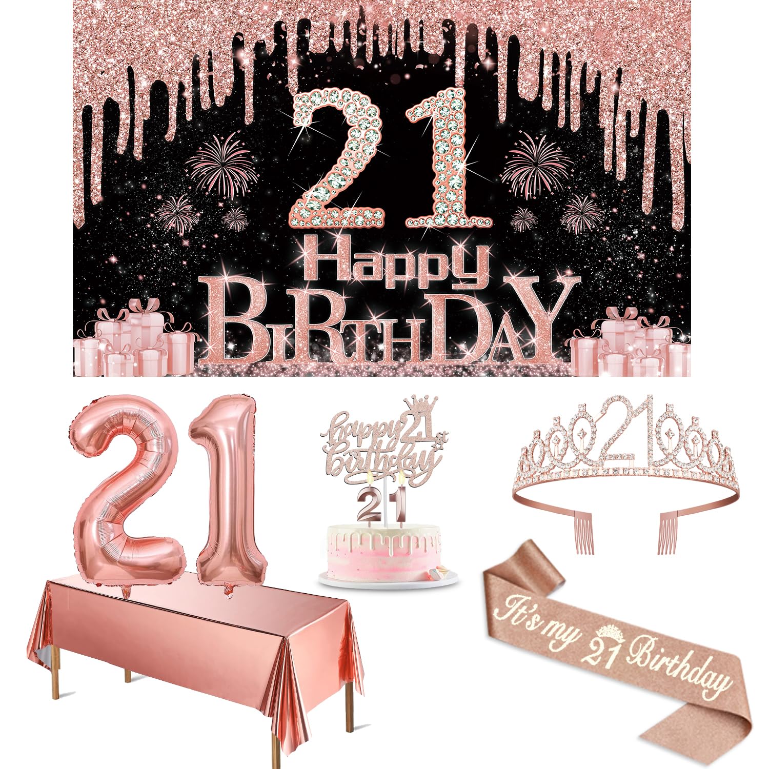 21St Birthday Decorations For Her With Banner, Rose Gold Tablecloth, Number Balloons, 21St Birthday Sash And Tiara, Cake Topper