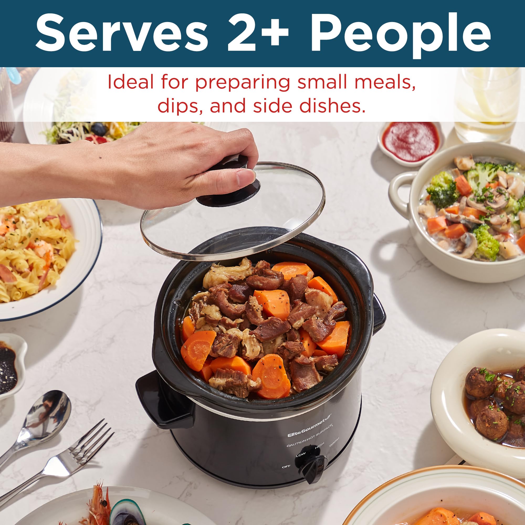 Elite Gourmet Mst239X Electric Round Slow Cooker, Adjustable Temp, Entrees, Sauces, Stews & Dips, Dishwasher Safe Glass Lid & Cr