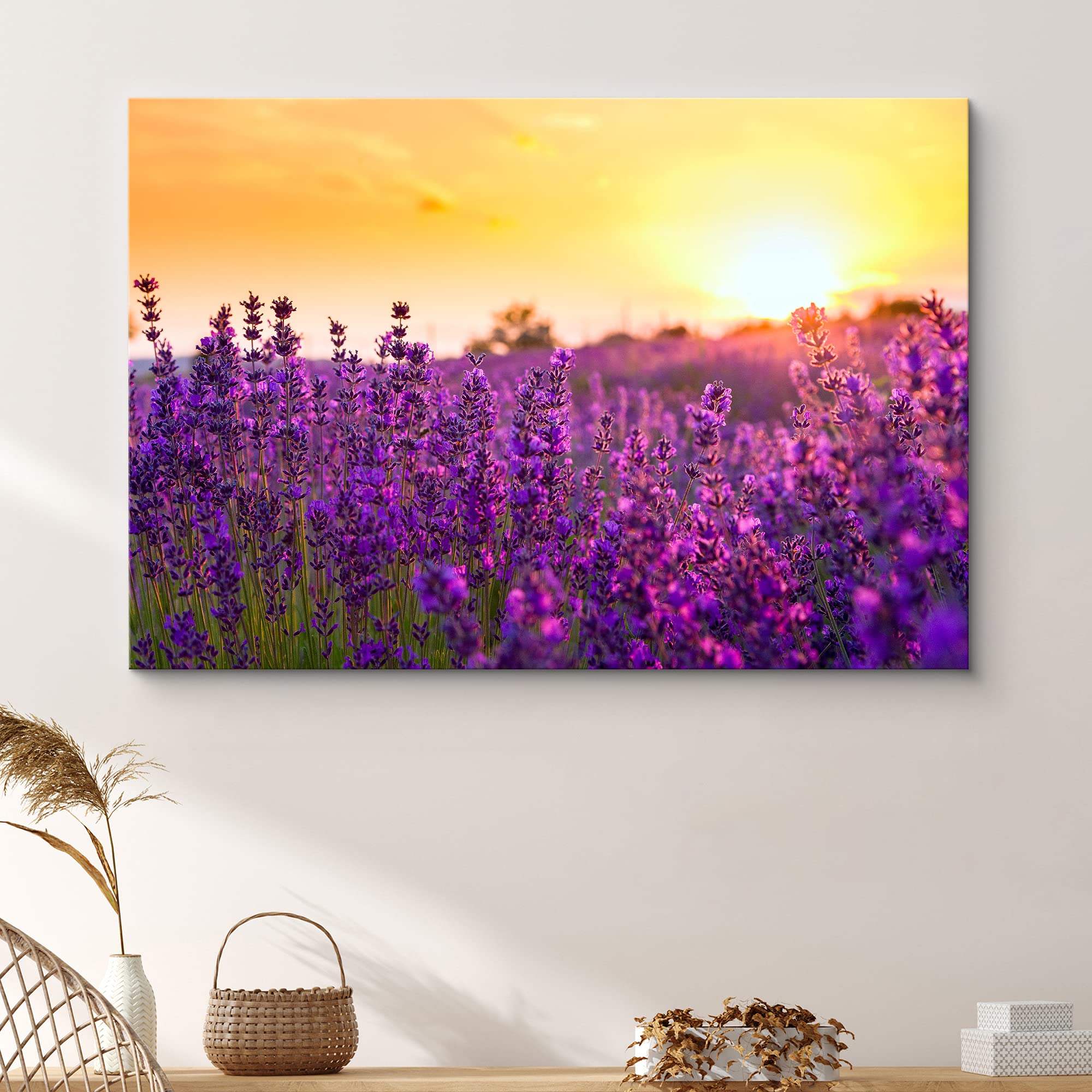 Signford Canvas Print Wall Art Lavender Flower Field At Sunset Floral Plants Photography Modern Art Rustic Landscape Multicolor