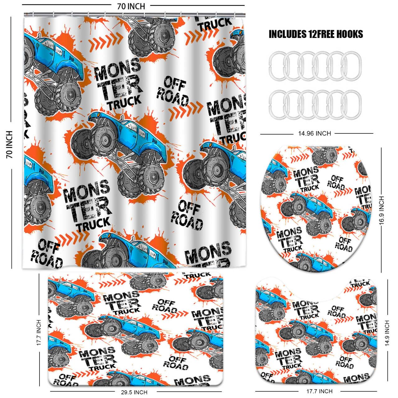 Boys Bathroom Monster Truck Shower Curtain Sets Monster Truck Shower Curtains Set 4 Piece Teen Boy Room Decor, Waterproof Cartoo