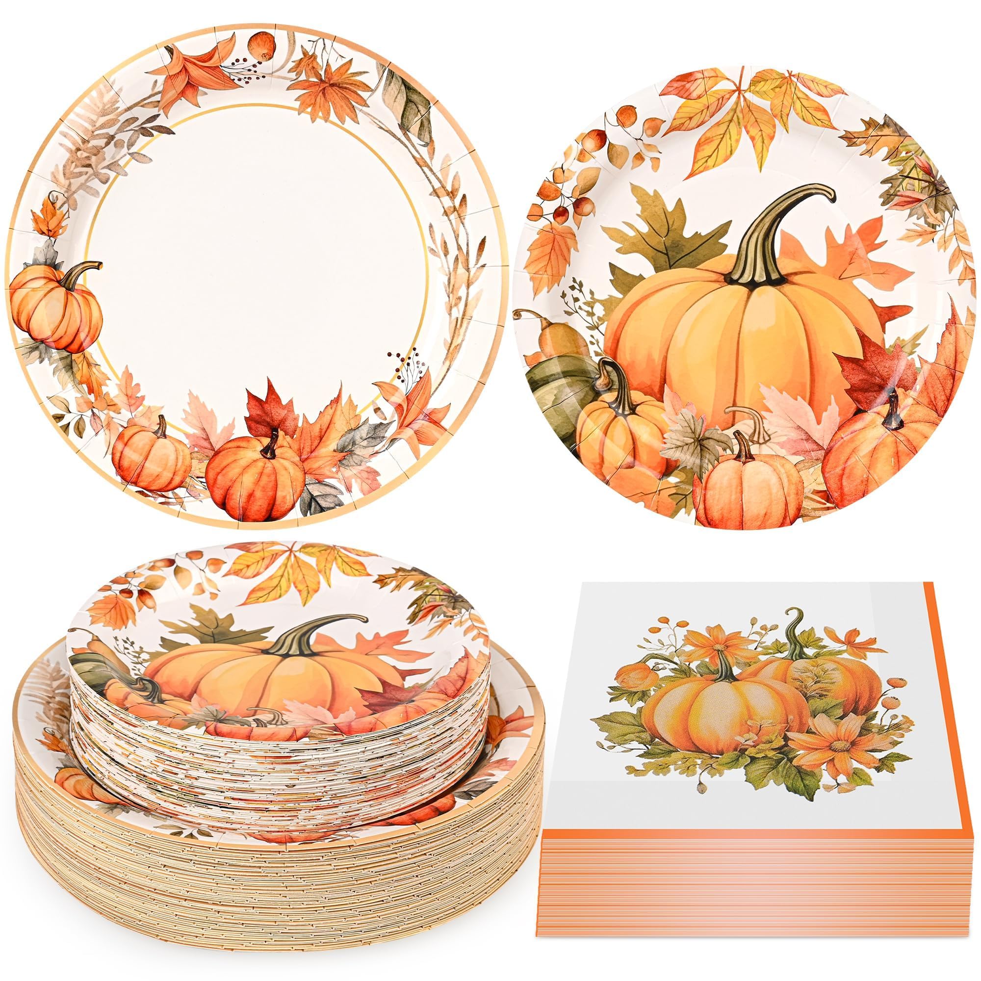 150Pcs Thanksgiving Fall Pumpkin Paper Plates and Napkins Fall Party Supplies Watercolor Pumpkin Maple Disposable Plates Autumn 