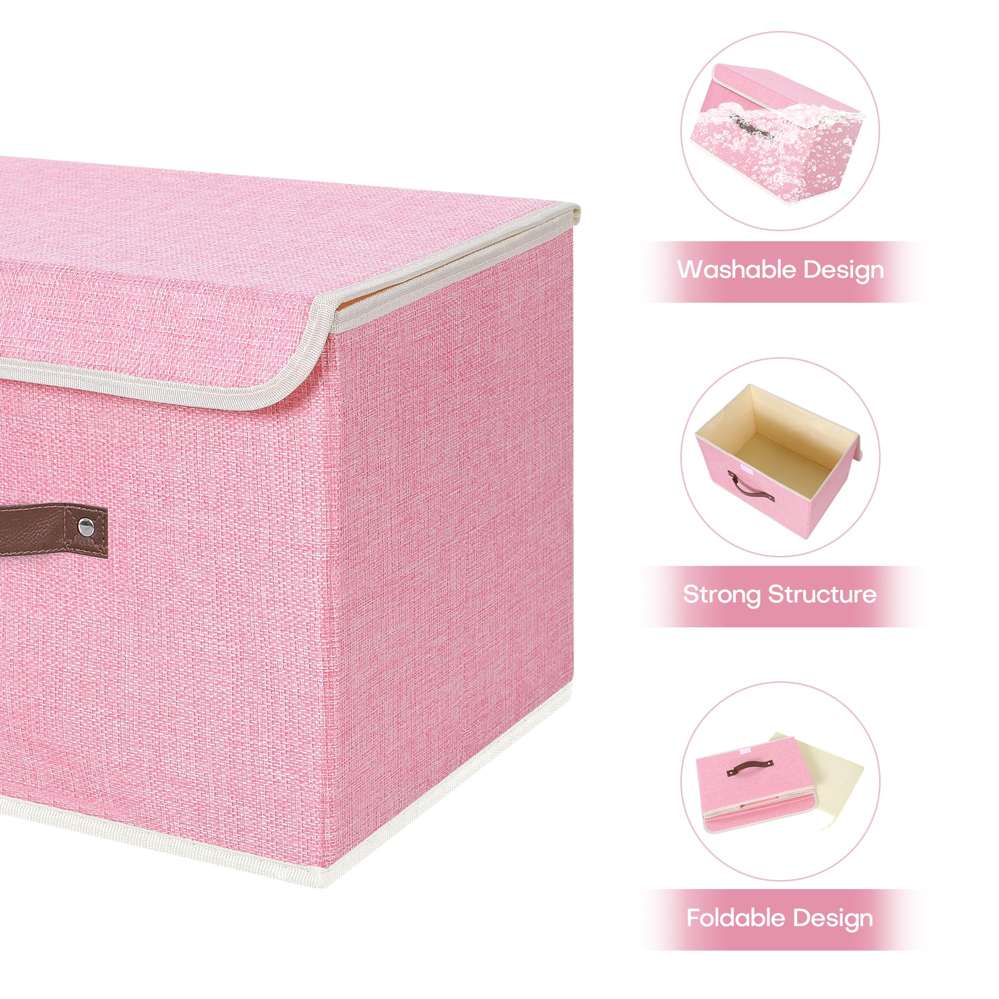 Anminy 2Pcs Storage Bins With Lid Pu Leather Handles Storage Boxes Pp Plastic Board Decorative Foldable Lidded Cotton Linen Fabr