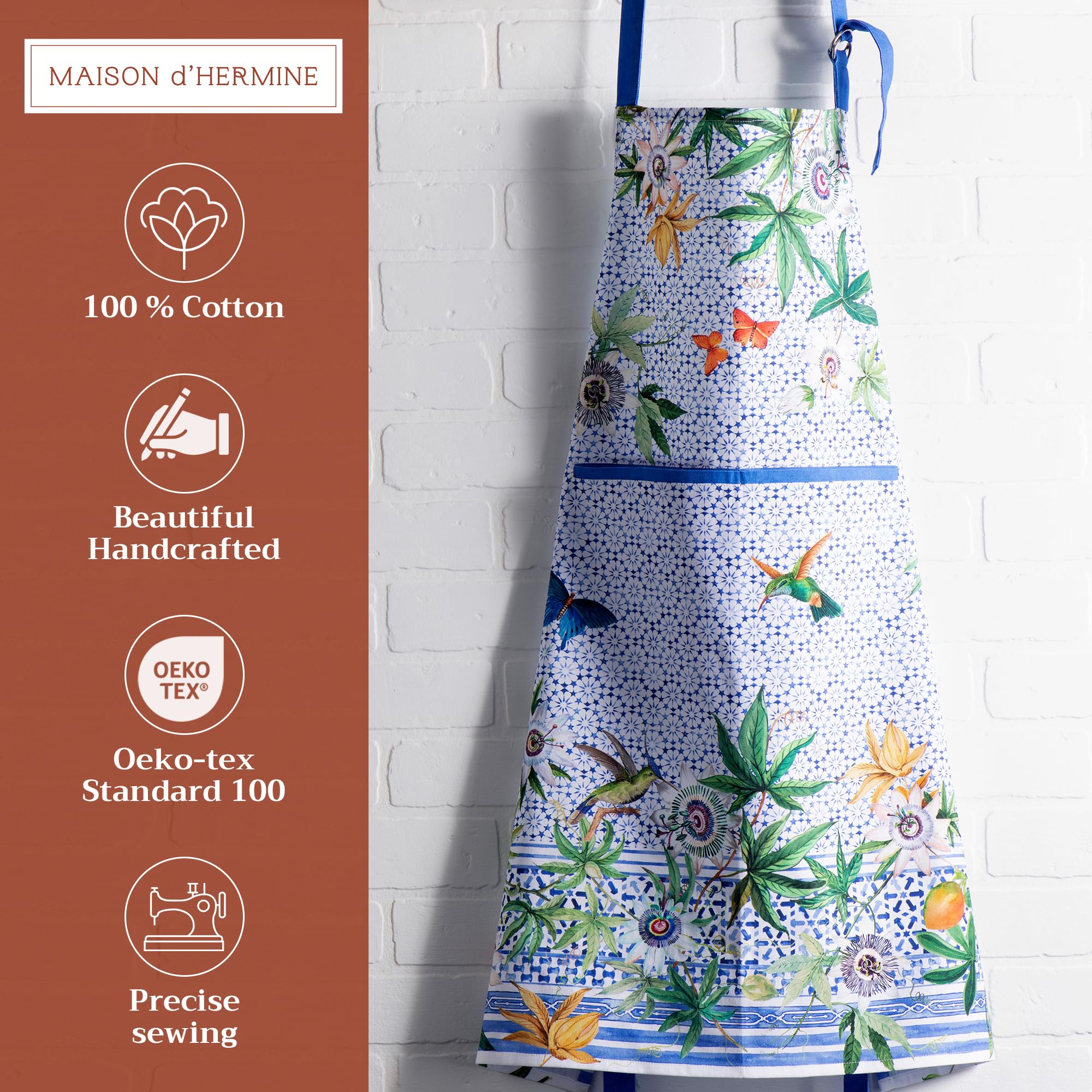 Maison d ' Hermine Apron 100% Cotton 27.50 Inch x 31.50 Inch 1 Piece Adjustable Neck Strap Cloth Apron with Center Pocket for Gifts  Women  Men  Chef  Passiflora - Spring/Summer