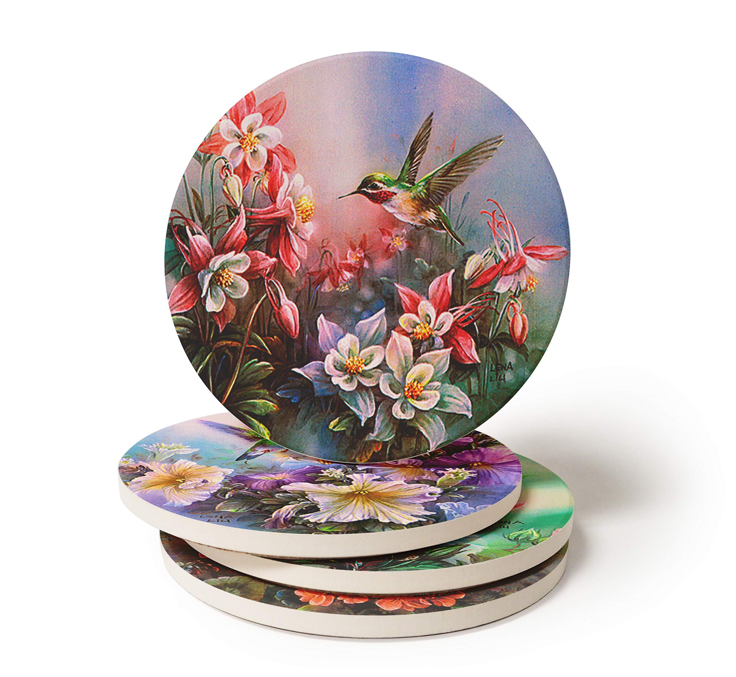Coasterstone Absorbent Coasters, 4-1/4-Inch, Hummingbirds In Floral, Set Of 4