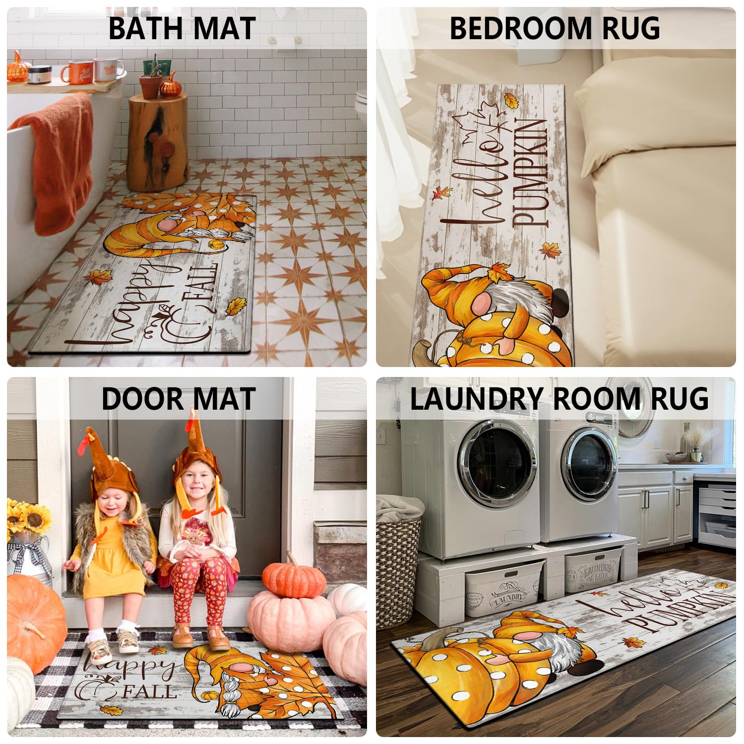 Faptoena Fall Kitchen Rugs Set of 2,Pumpkin Gnomes Leaf Thanksgiving Floor Mats and Rugs Non Skid Washable for Kitchen Home Deco