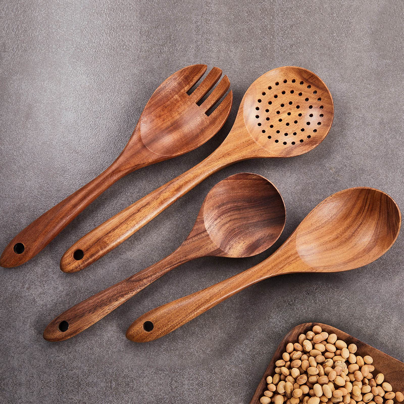 Wooden Kitchen Utensils Set,Gudamaye 9 Pce Natural Teak Wooden Spoons For Non-Stick Pan For Cooking,