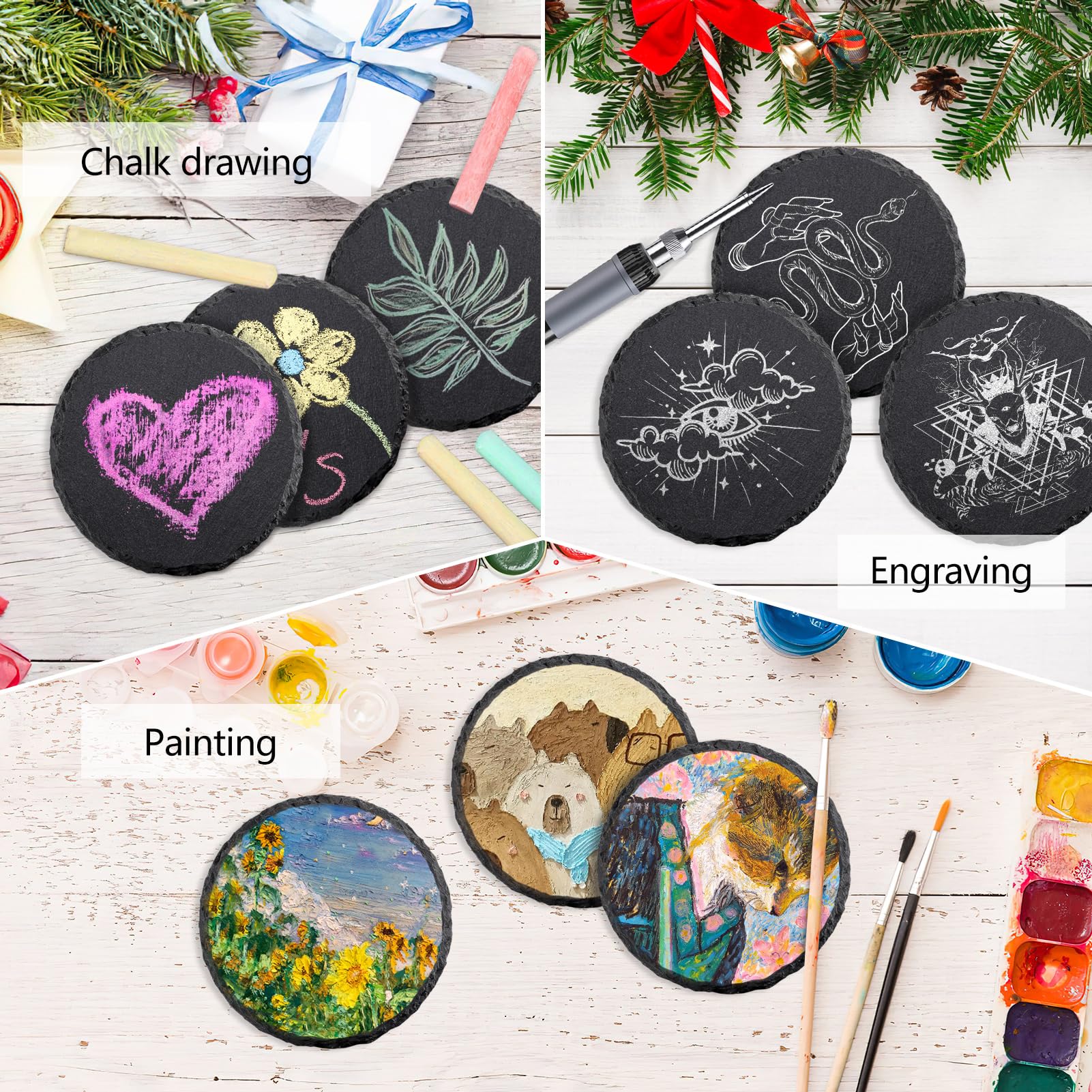 4 PCS Round Slate Drink Coasters Set  SIJDIEE 4 Inch Black Slate Stone Coasters with Anti-Scratch Bottom and Coaster Holder for Office Bar Kitchen Home Dinner Table Decor Supplies