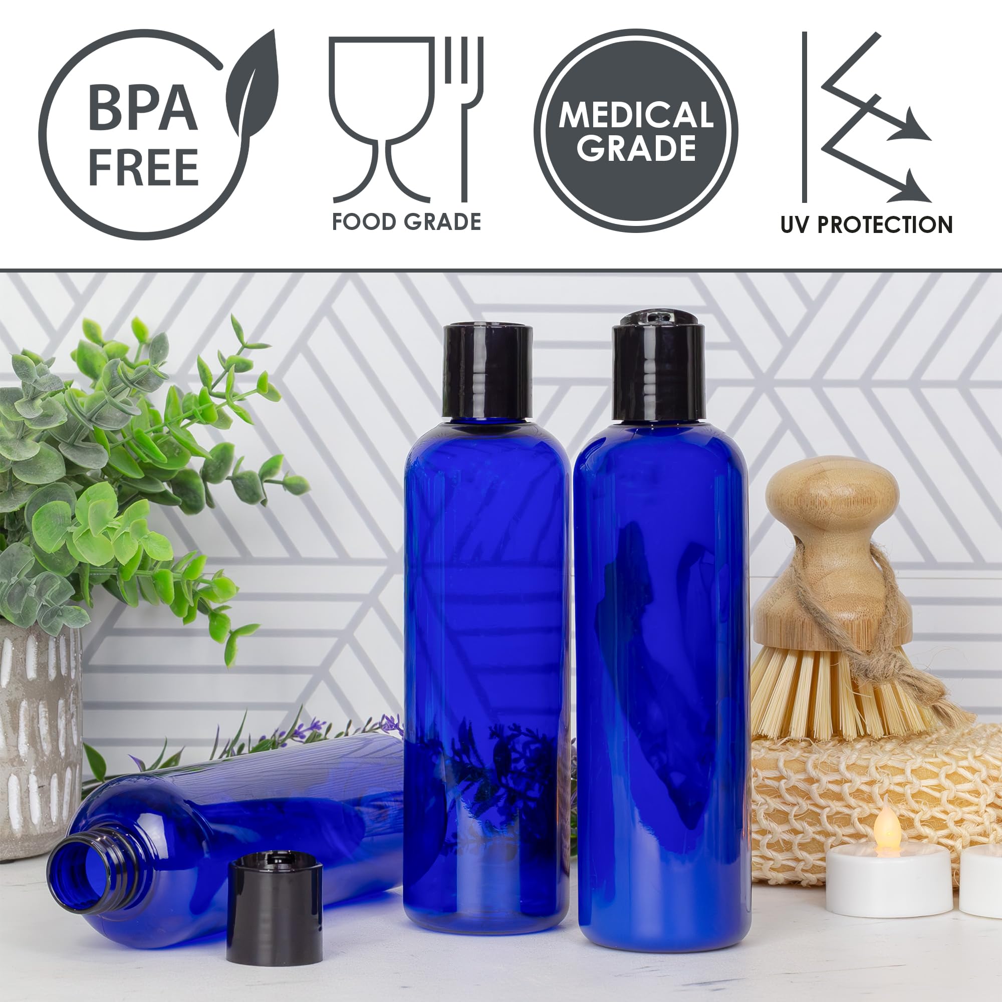 Cornucopia 8oz Plastic Squeeze Bottles w/Disc Top Flip Cap (6-Pack  Blue); BPA-Free Containers For Shampoo  Lotions  Liquid Body Soap  Creams