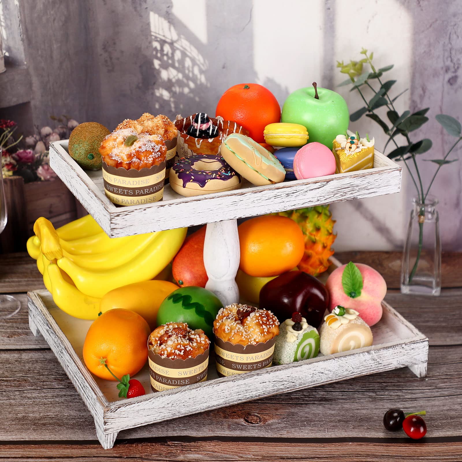 Farmhouse Tiered Tray Stand Wooden Rustic 2 Tier Tray Stand Rectangular Tray Serving Two Tiered Tray Stand For House Kitchen Cak