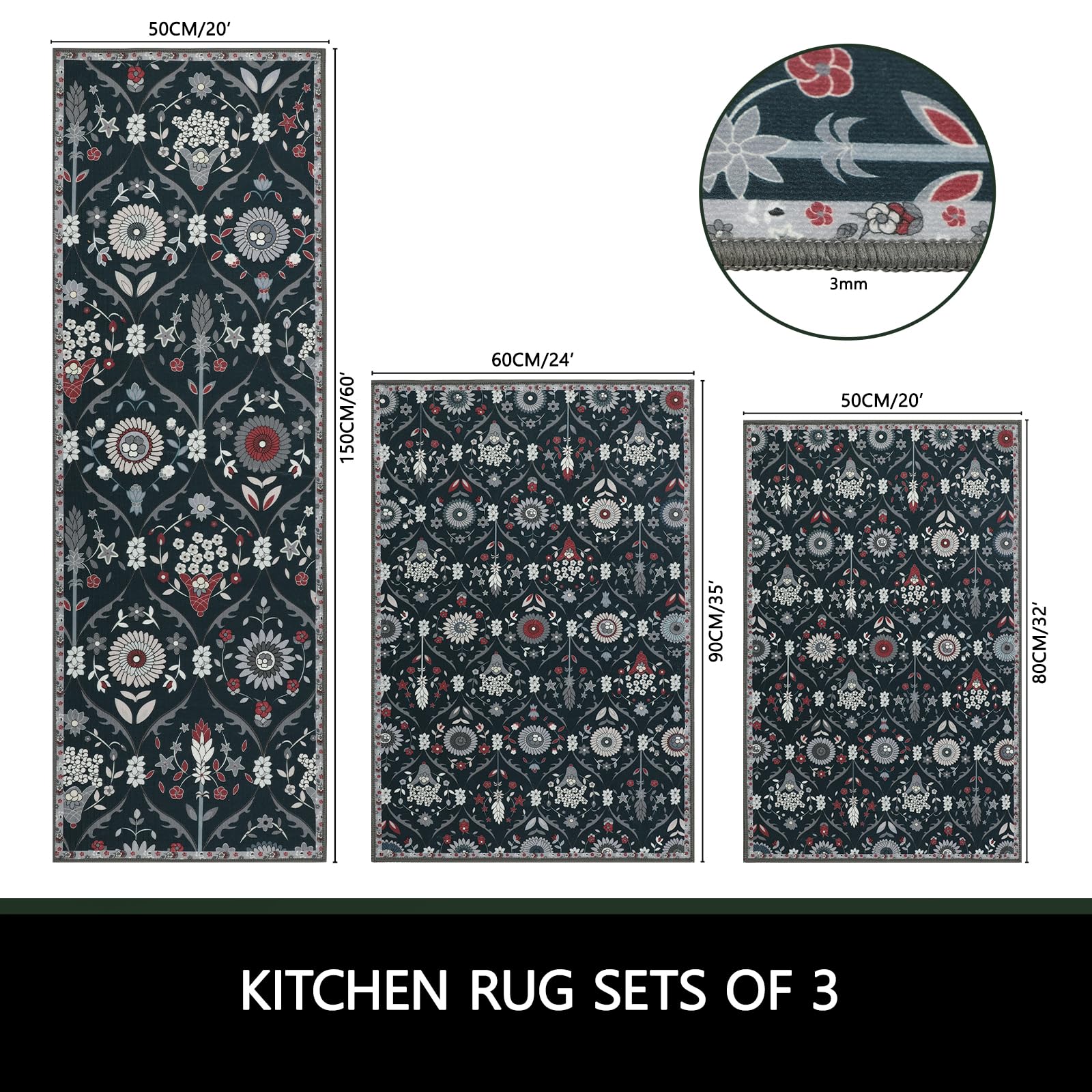 Falflor Moroccan Trellis Kitchen Rug Sets Of 3 Non Slip Kitchen Rug Sets Floral Pattern Floor Mats For Kitchen Low Pile Kitchen