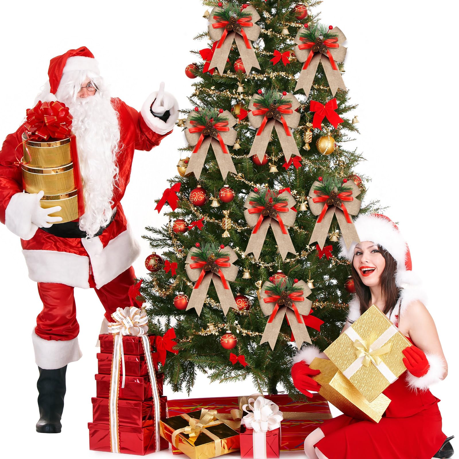 Syhood 6 Pcs Christmas Bows with Pine Cones Pine Needles Xmas Flaxen Bows Ribbon Christmas Tree Wreath Decoration for Xmas Parti