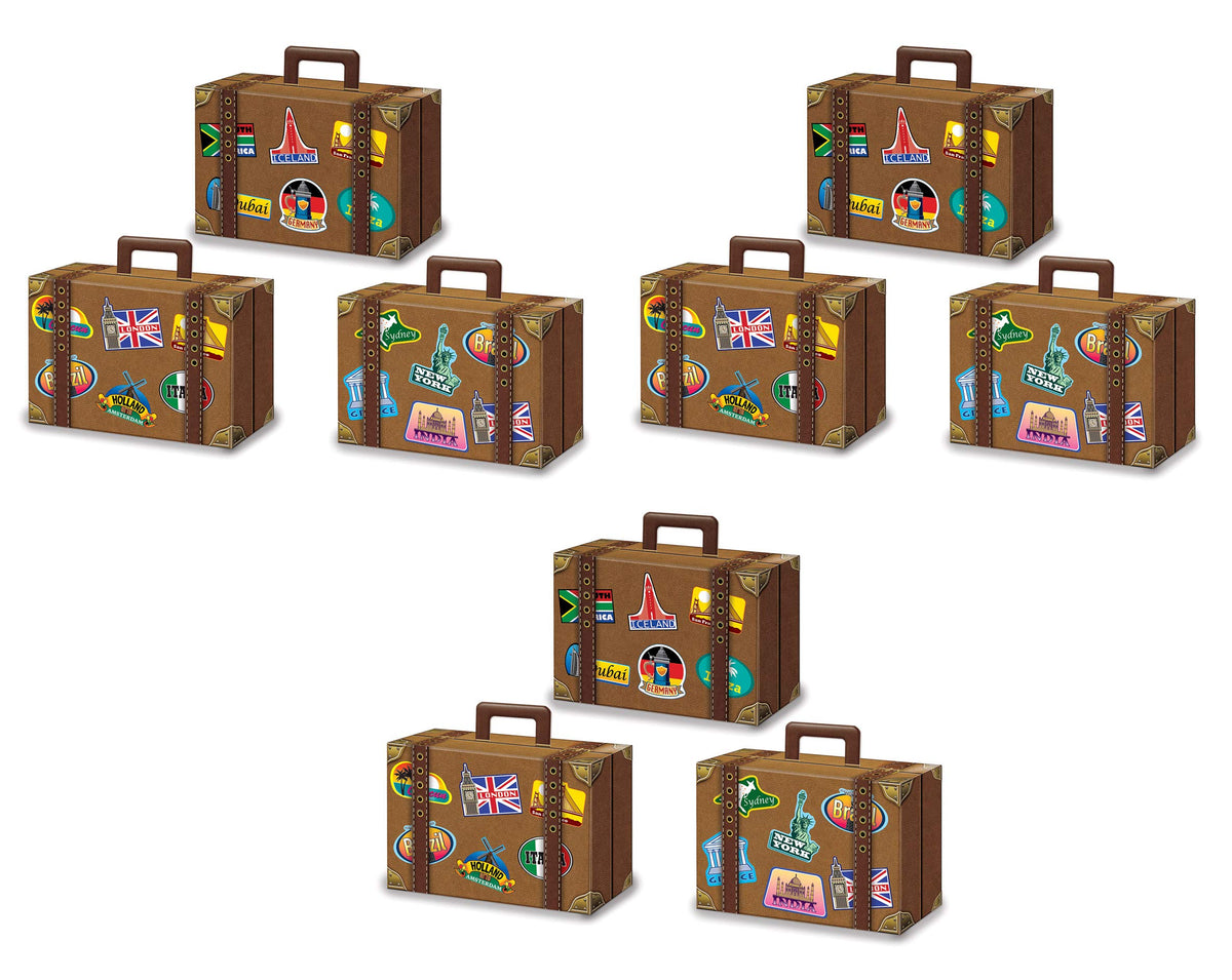 Beistle Luggage Favor Boxes 9 Piece Suitcase, World Traveler Decor, Party Supplies, 9 Count (Pack Of 1), Brown
