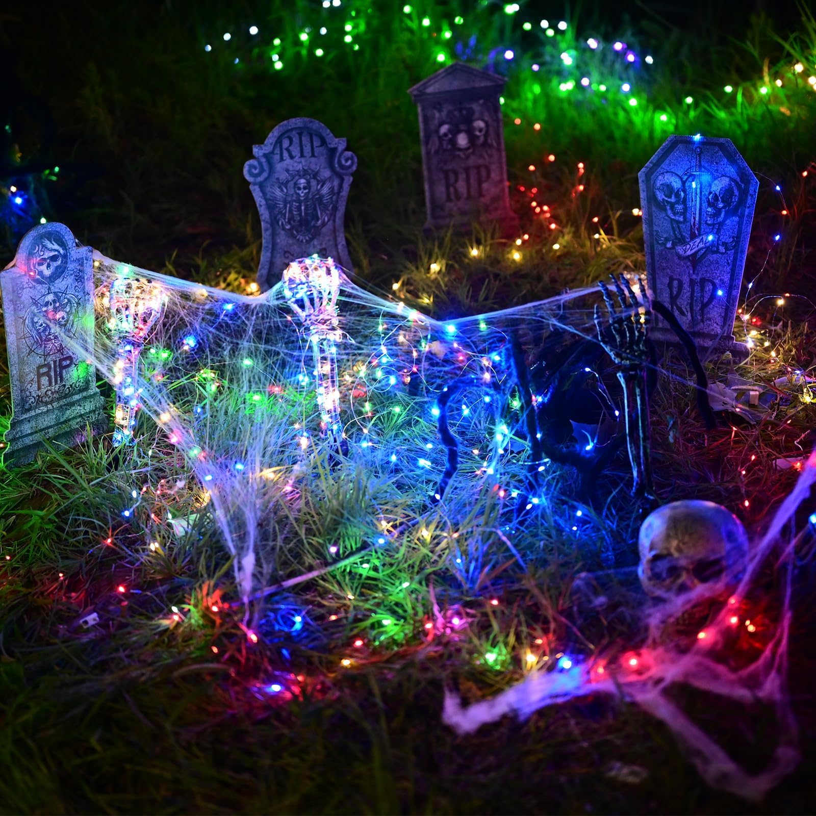 Halloween Lighted Skeleton Hands Set, 4 Pack Light Up Skeleton Arm Stakes, 4 x 3m 240 LED Green & Red Lights with 3 Modes, Reali