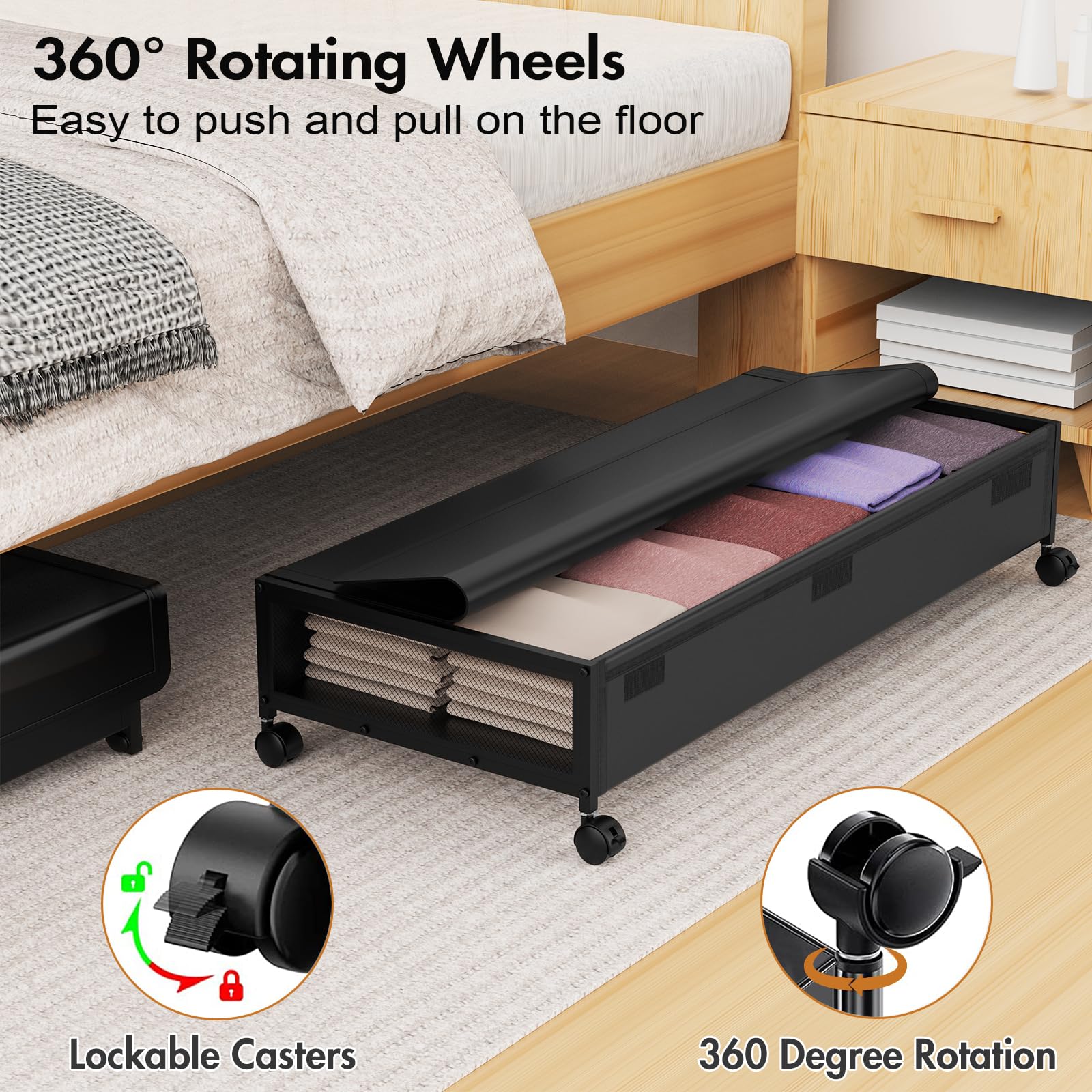 MixcMax Under Bed Storage Bins With Lids - 2Pack Lengthen Underbed Storage Containers with Wheels, Large Capacity Metal Clothes