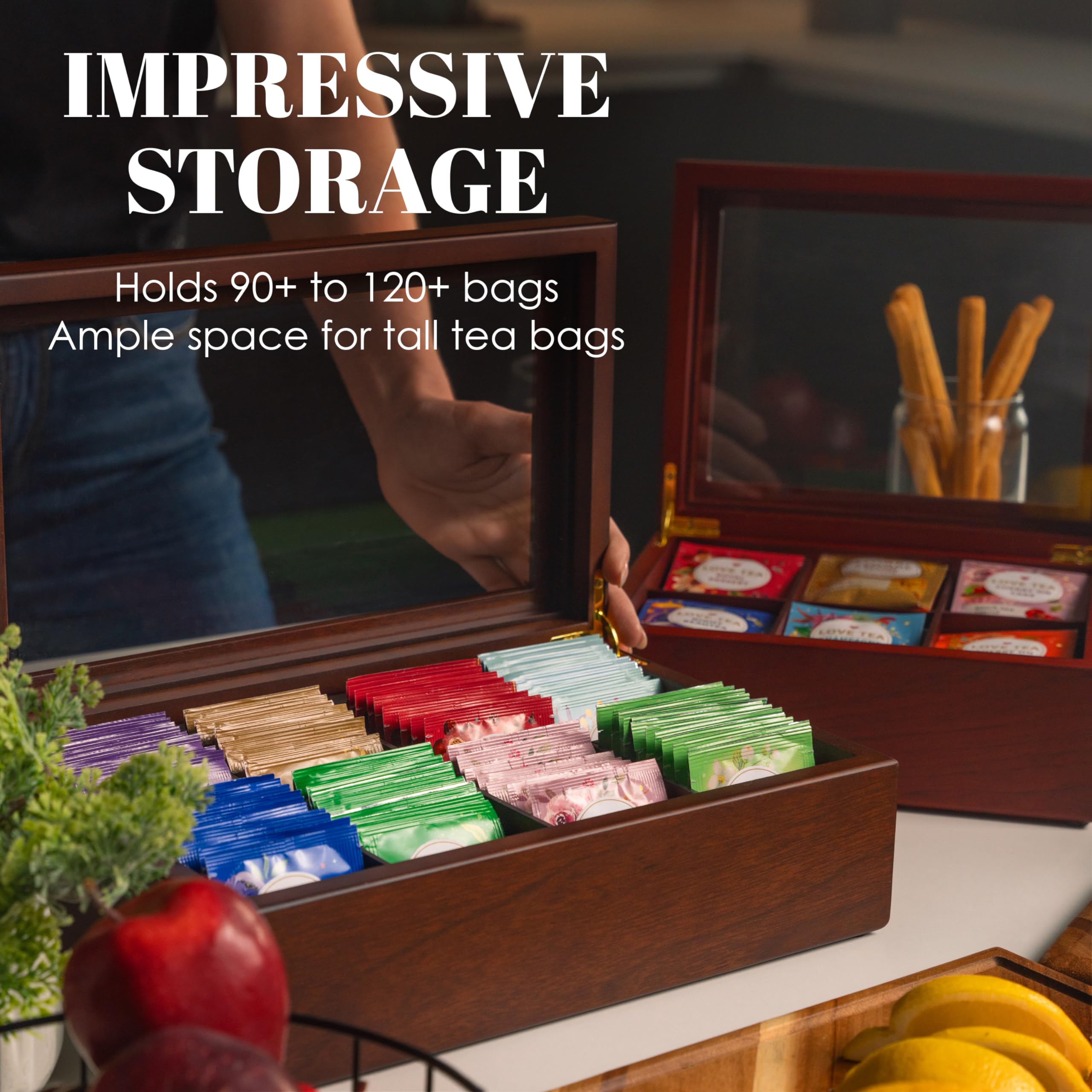 Tea Box - Luxury Wooden Tea Bag Organizer From The Apace Premier Collection - 6 Compartment Tea Storage Chest Container - Elegan