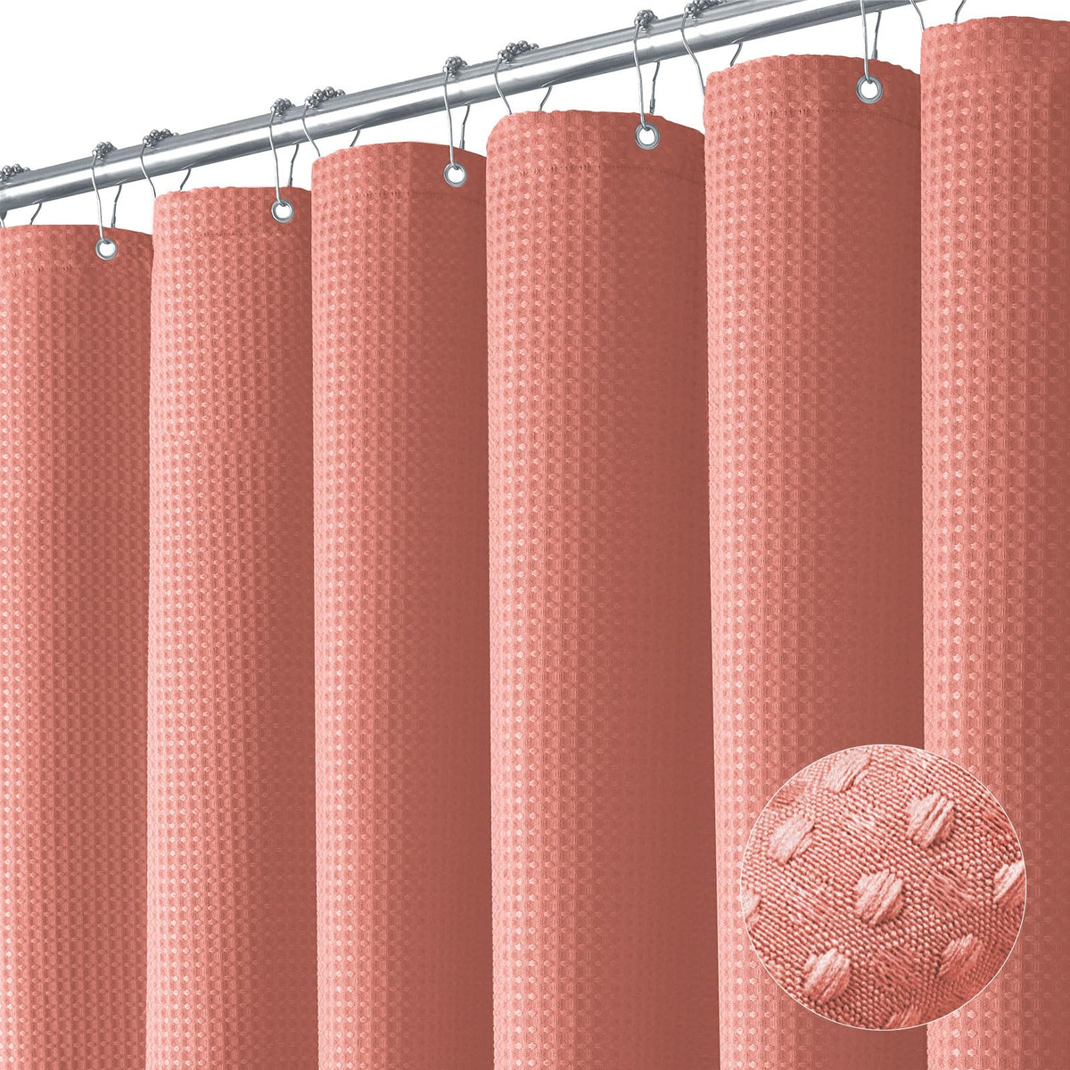 Dynamene Coral Fabric Shower Curtain - Waffle Weave Textured Heavy Duty Cloth Shower Curtains For Bathroom, 256Gsm Hotel Luxury