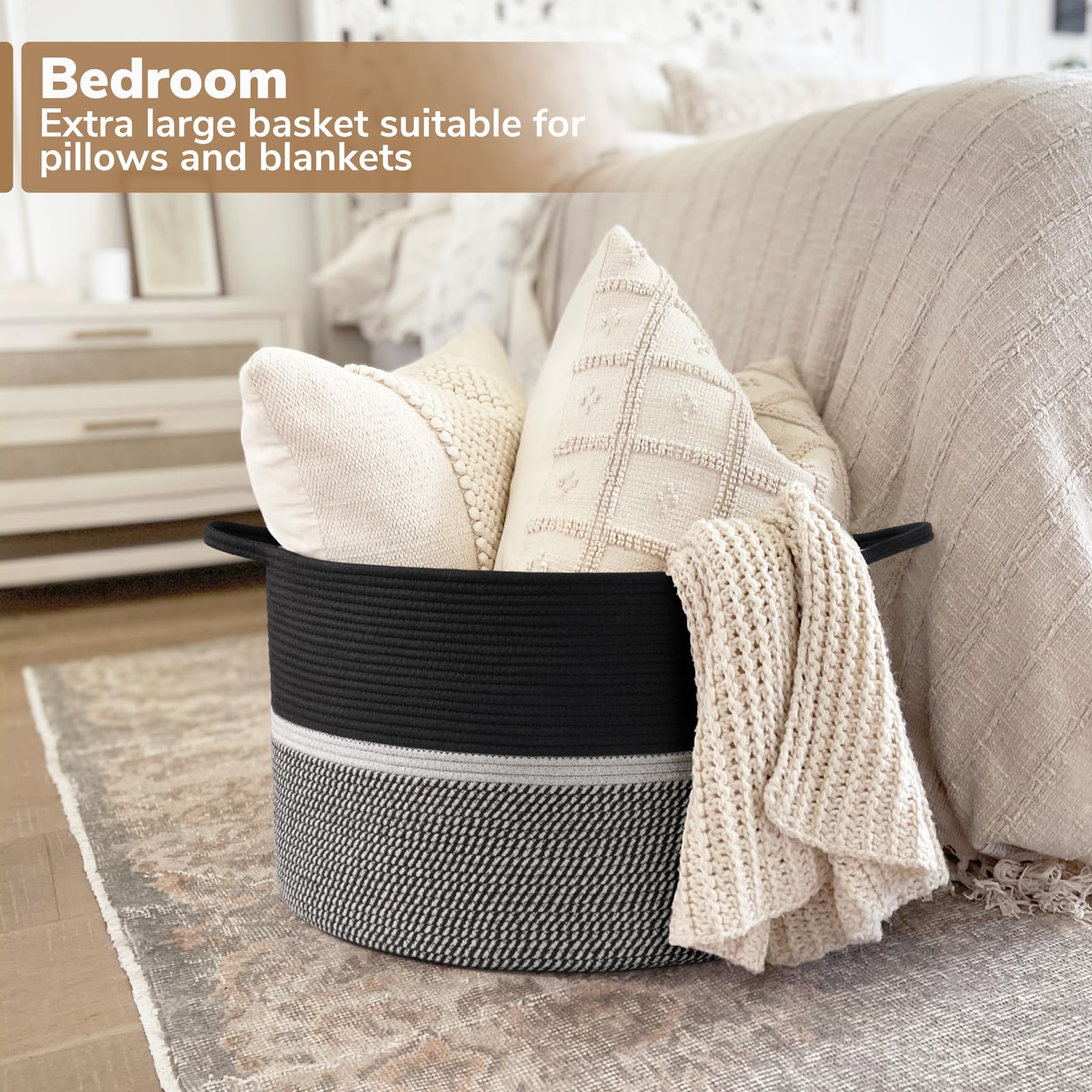 Chicvita Extra Large Laundry Basket, Woven Rope Blanket Basket For Towels, Clothes, Toy Storage Basket, Pillow Basket For Living