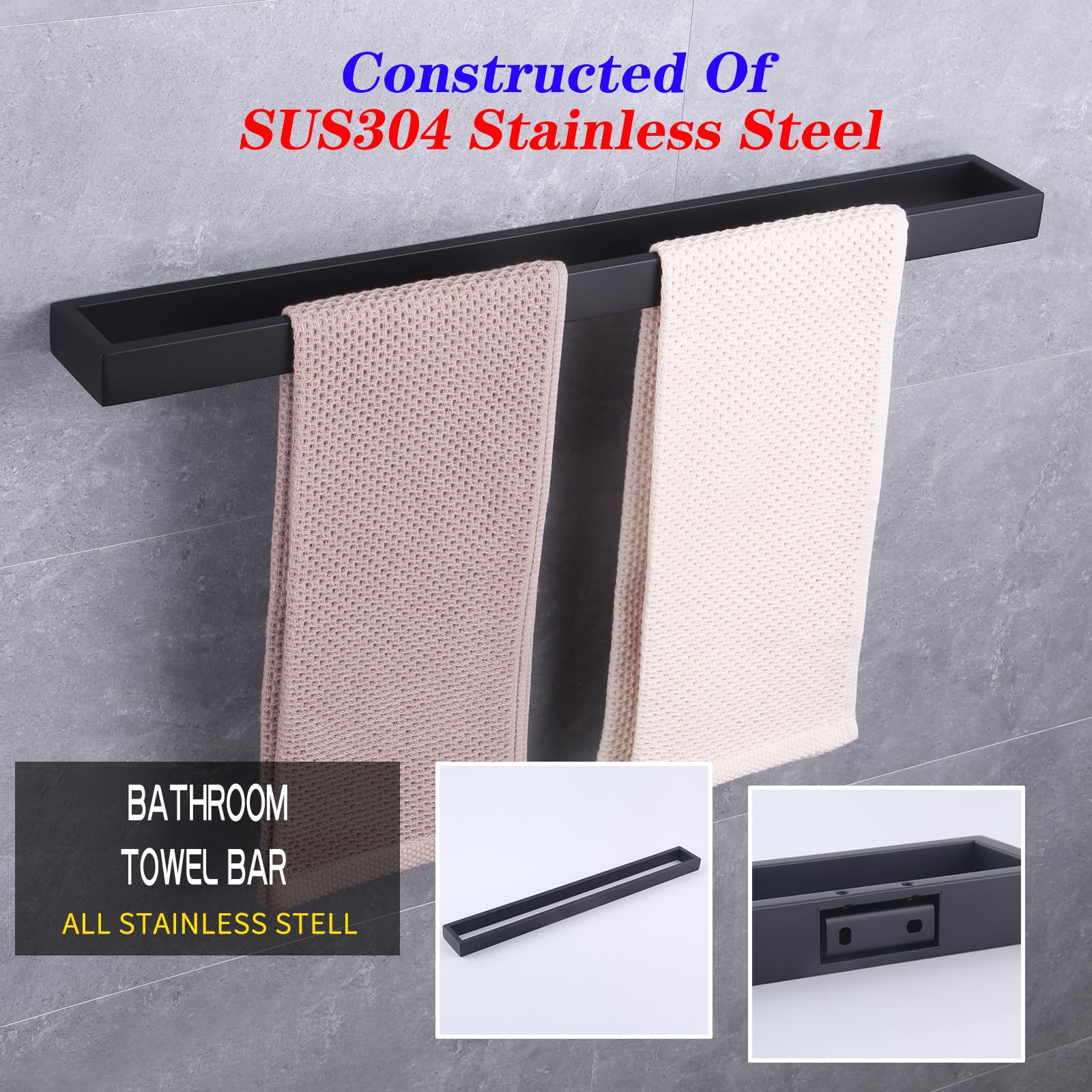 GERZWY Matte Black 36-Inch Bathroom Towel Bar SUS 304 Stainless Steel Bath Towel Bar Modern Style Wall Mount