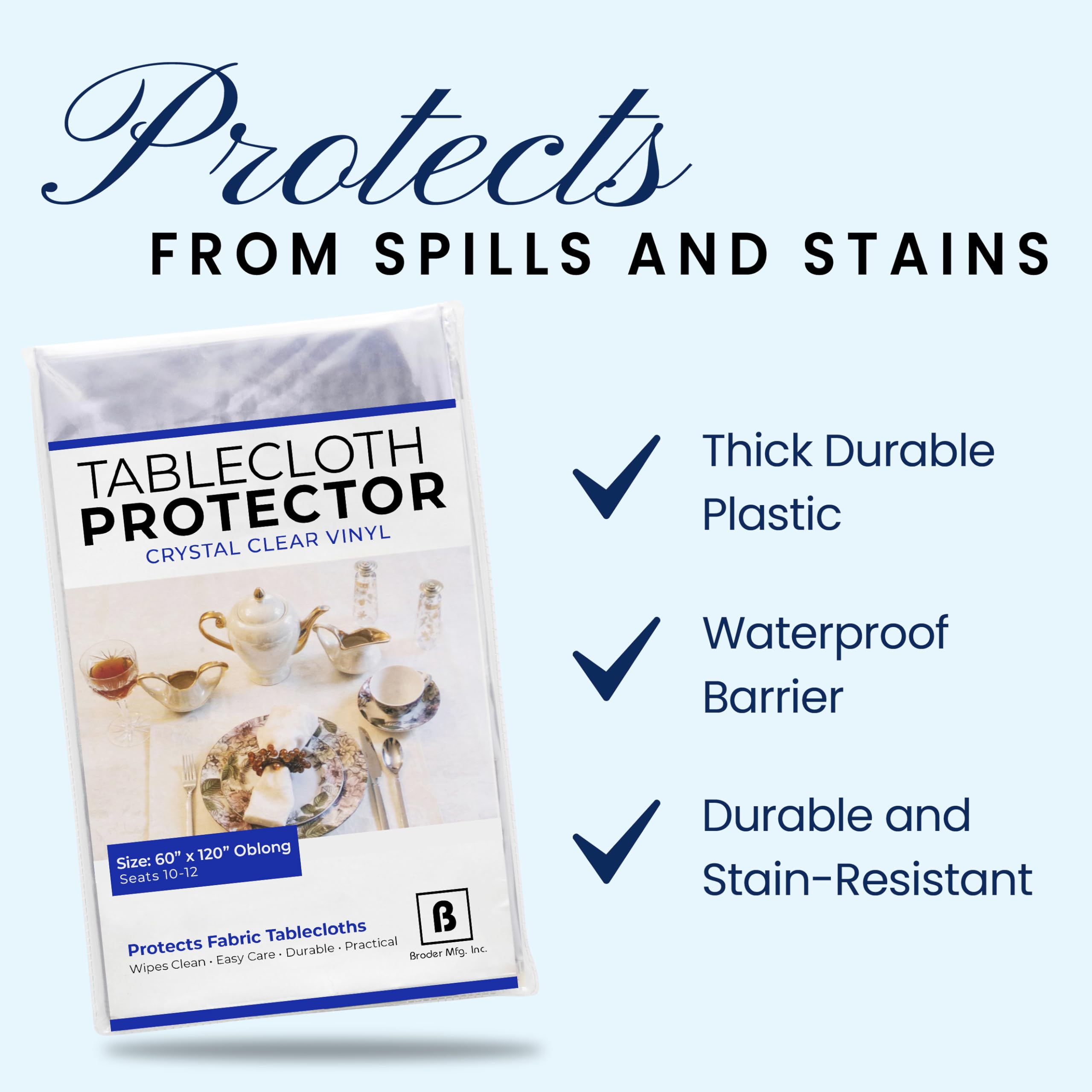 Broder Mfg. Inc. Tablecloth Protector Crystal Clear Vinyl (60X120 Oblong) | Thick, Durable Clear Table/Tablecloth Protector