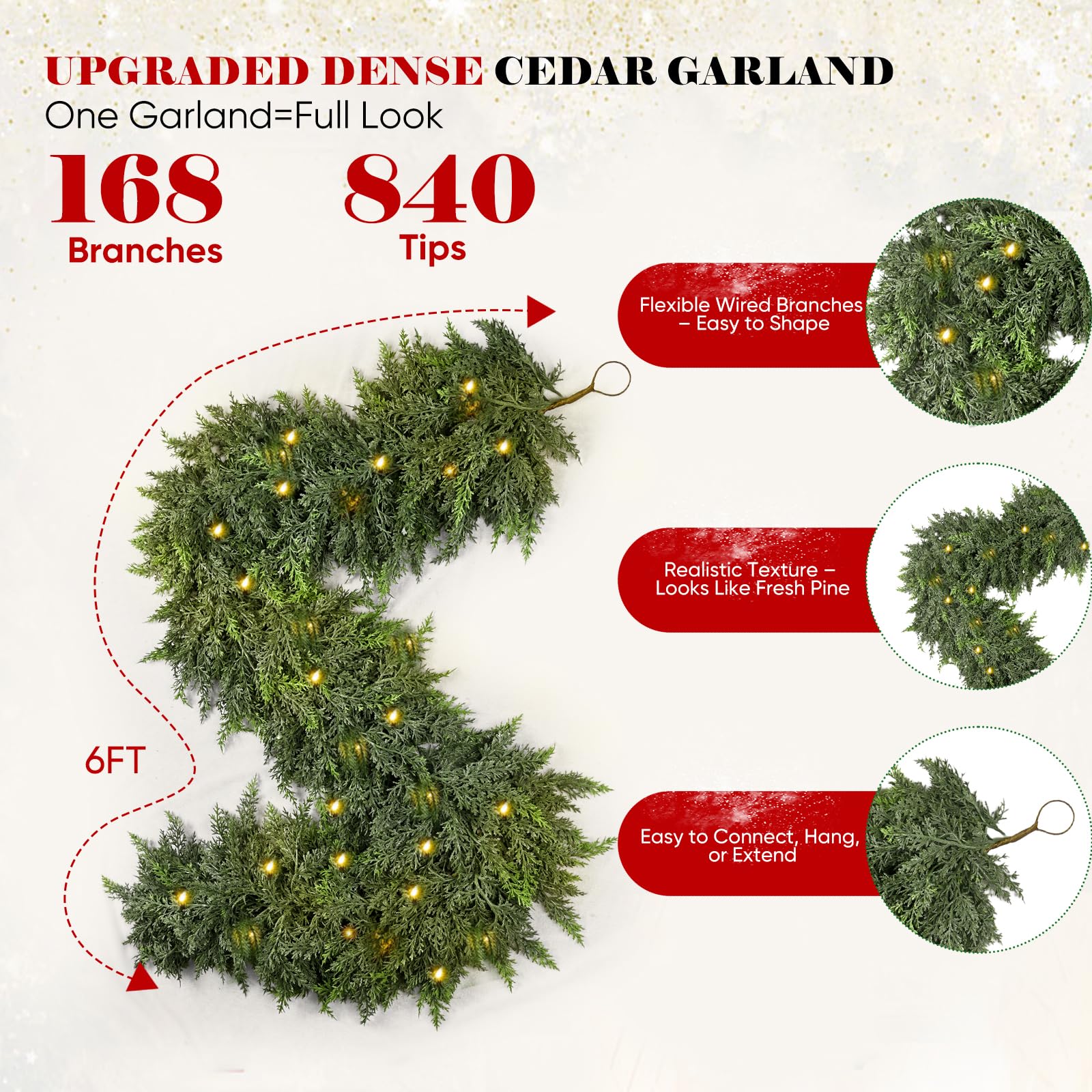 6FT Pre-lit Thick Christmas Garland with 30 Lights, Full 168 Branches, Green Cedar Garland for Christmas Decorations, Artificial