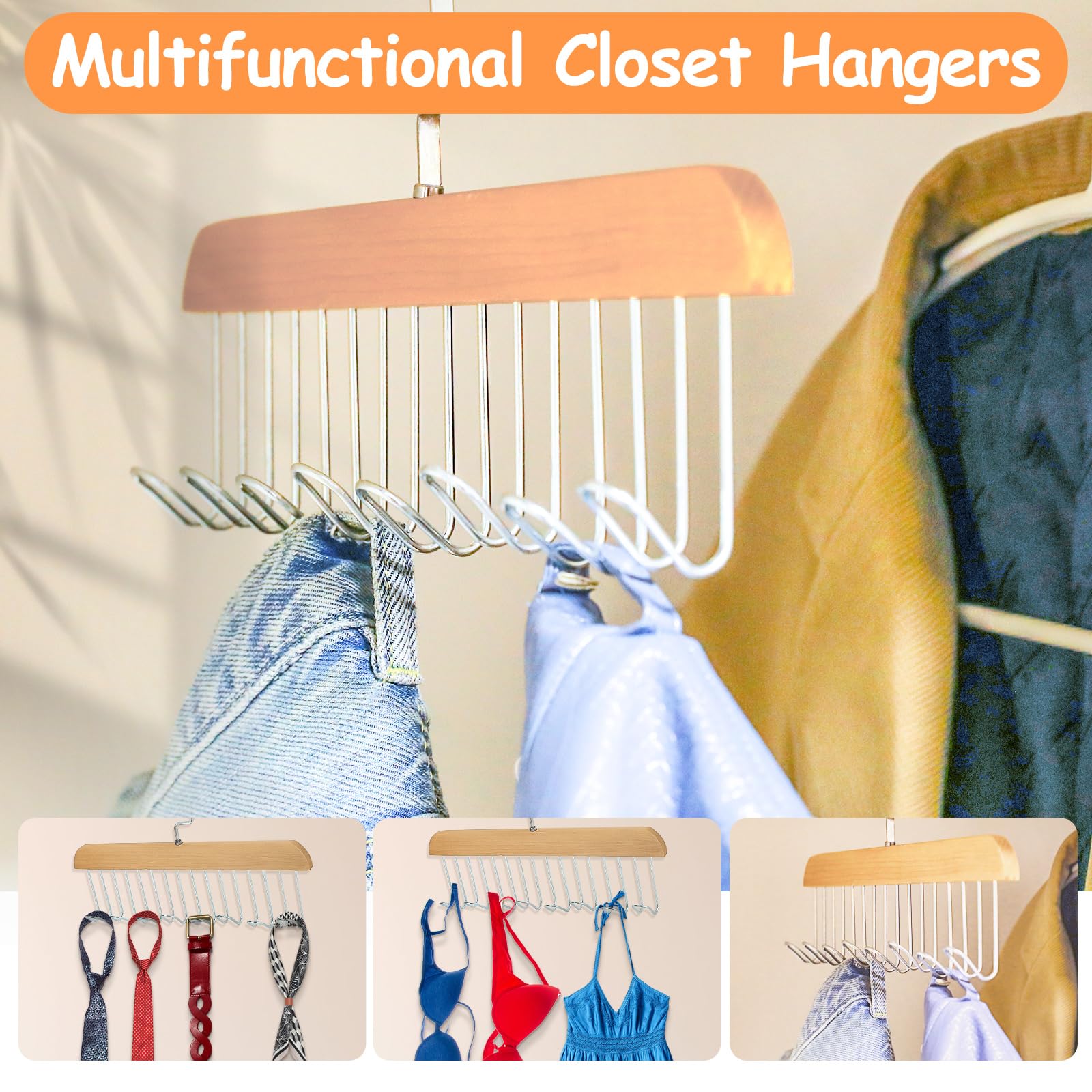Xbaiyanr 4Pcs Anti Slip Multi Hook Coat Racks,Bra Hangers For Closet Organizer With 8 Hooks 360 Swivel Belt Hanger For Closet Fo