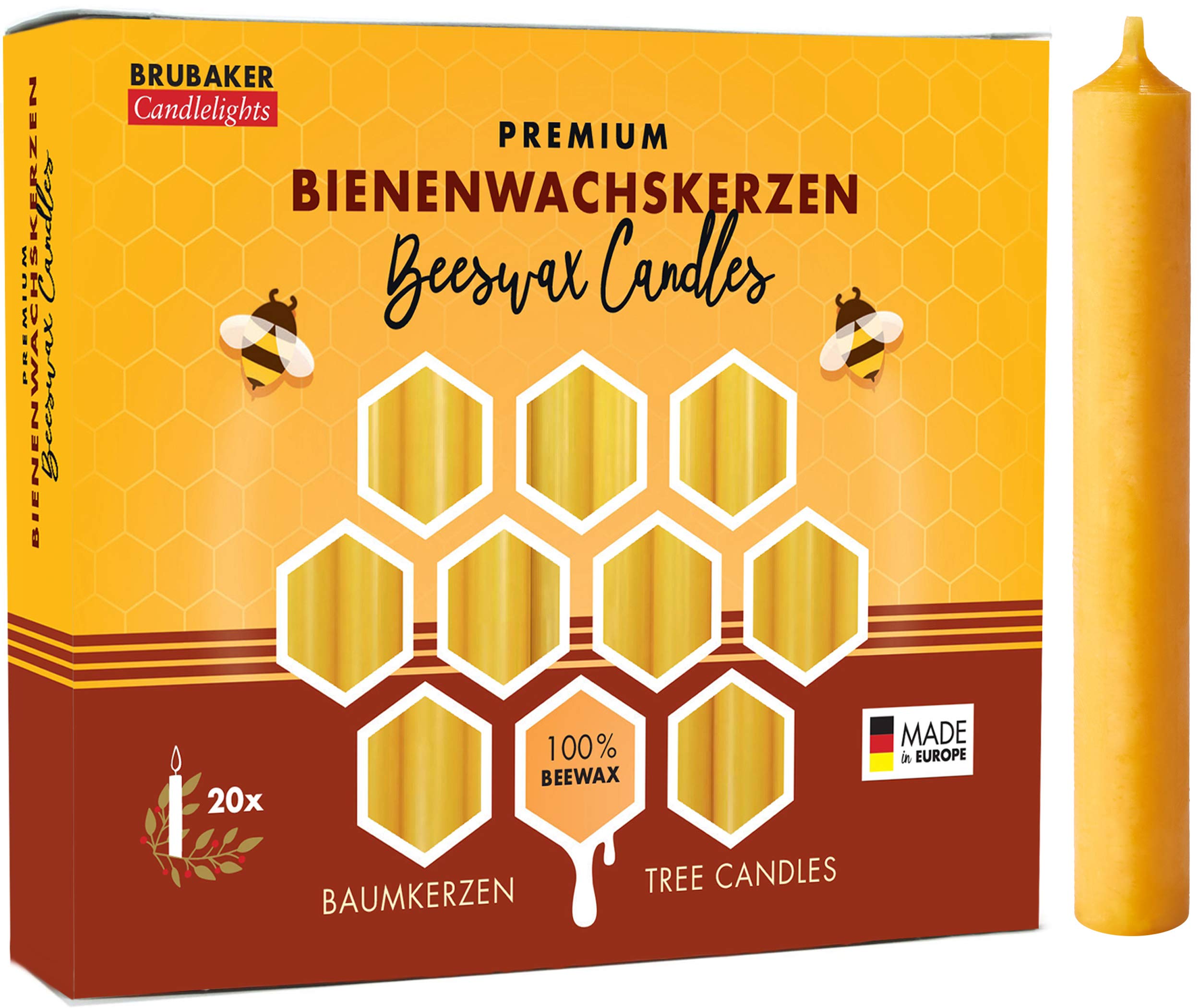 BRUBAKER 100% Beeswax Tree Candles - Pack of 20 - Honey Colored - 3 x  Inches (9.5 x 1.27cm) - Made in Europe - Pyramids, Carous