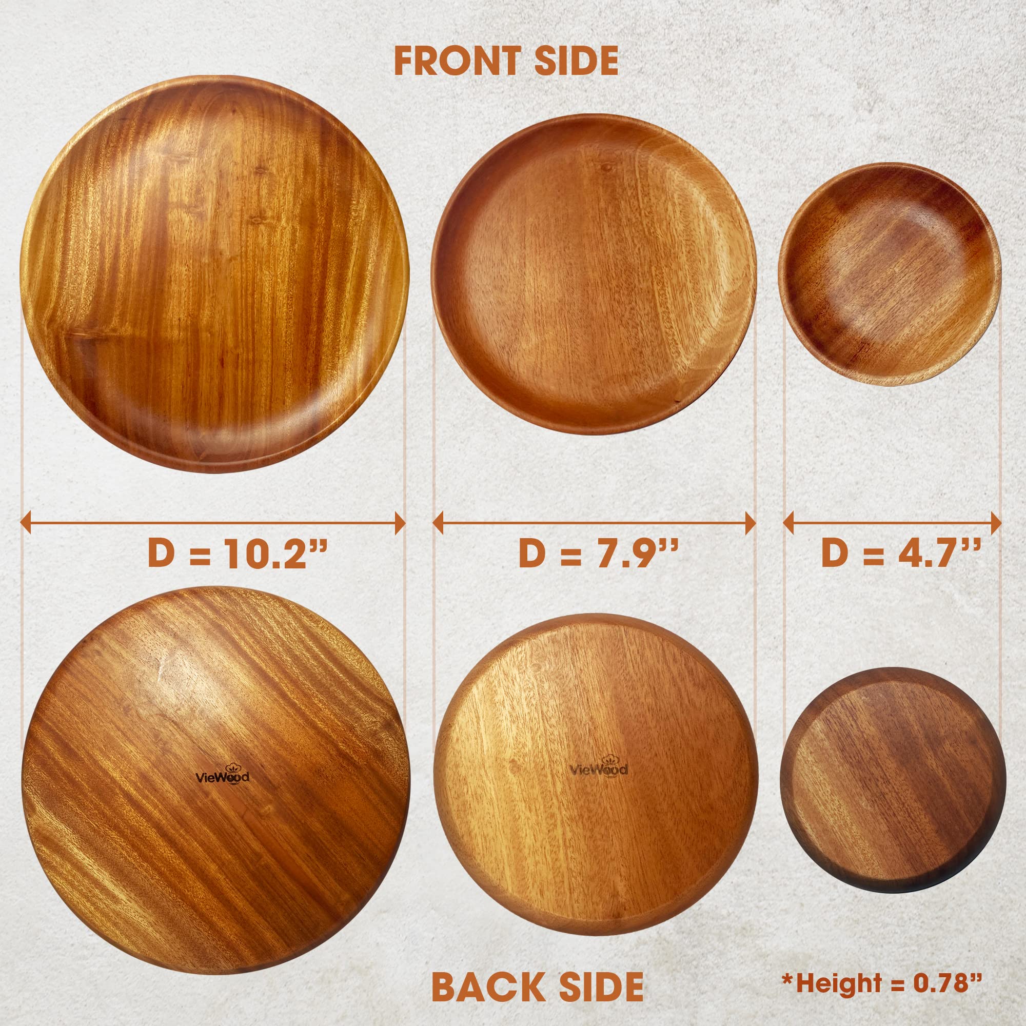VieWood Round Wood Plates Charger  Wooden dinnerware set of 3 for dishes snack  dessert or occasions (4.7in  7.9in and 10in)