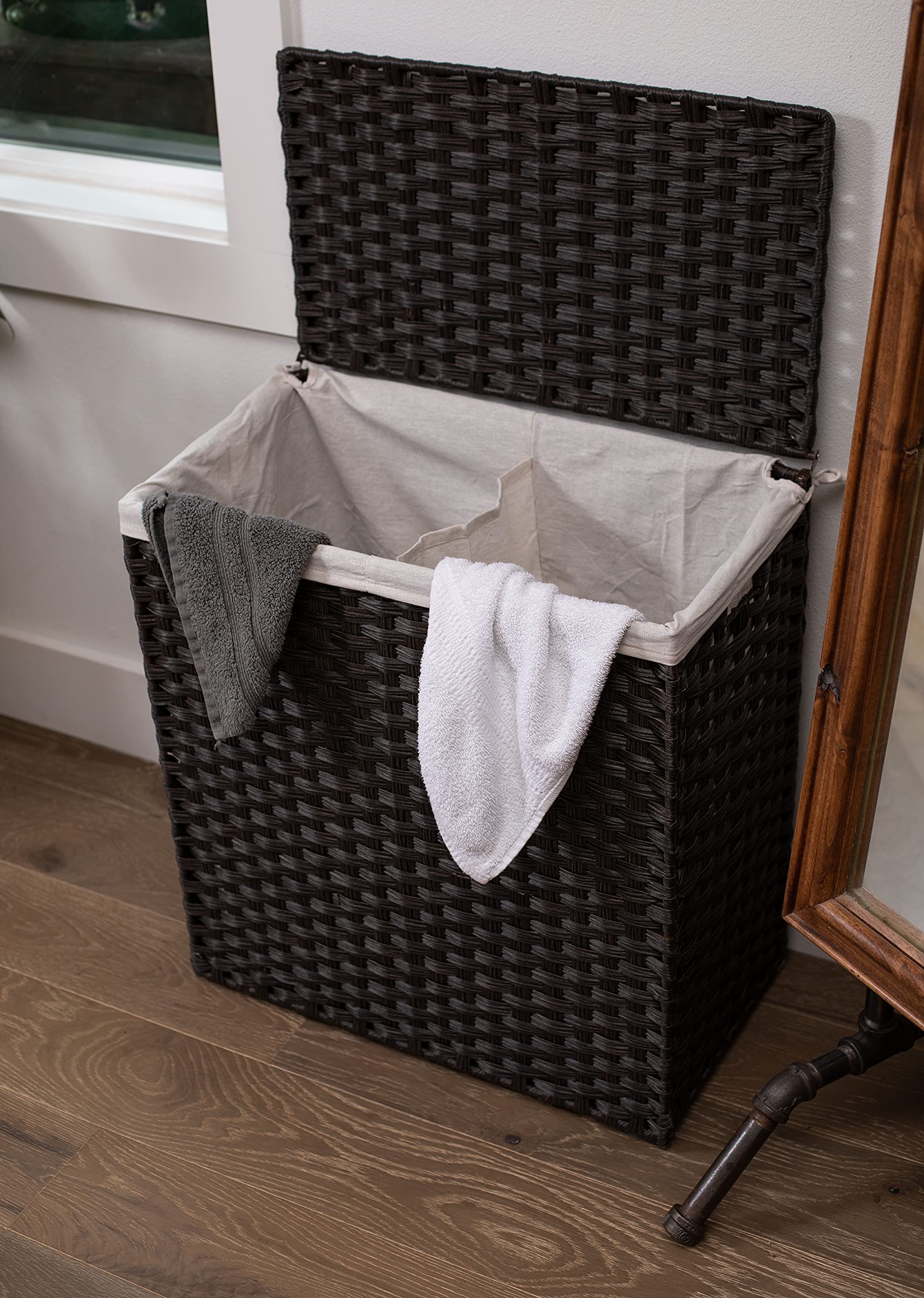 Hand Woven Divided Laundry Hamper With Lid | Double Sorter With Liner Bags | Large Collapsible Hampers | Foldable Bin | Syntheti