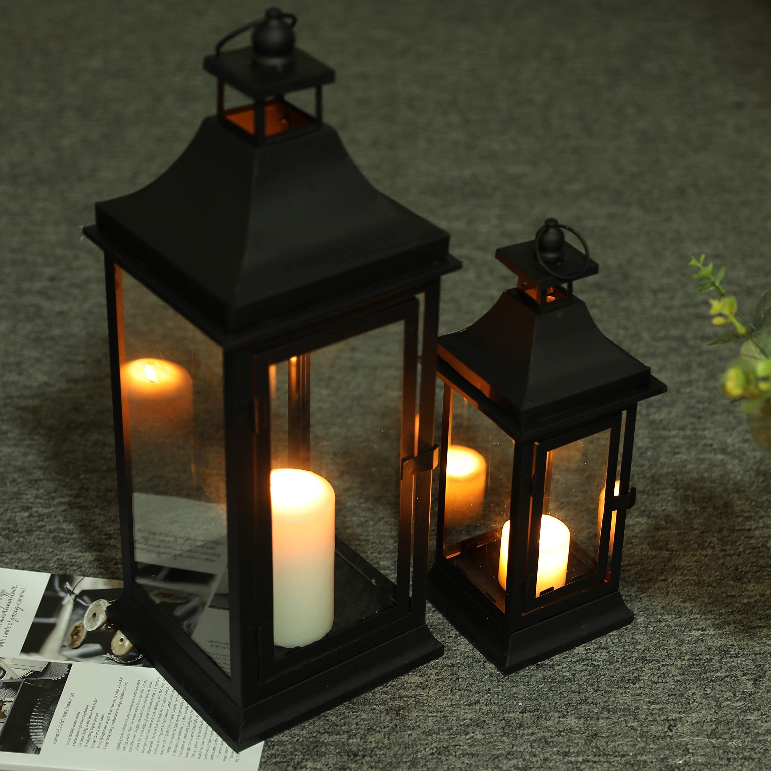 JHY DESIgN Set of 2 13&195Tall Outdoor candle Lanterns Vintage Hanging Tower Lantern Metal candle Holder for garden Living Room Indoor Outdoor Parties Weddings Balcony(Black)