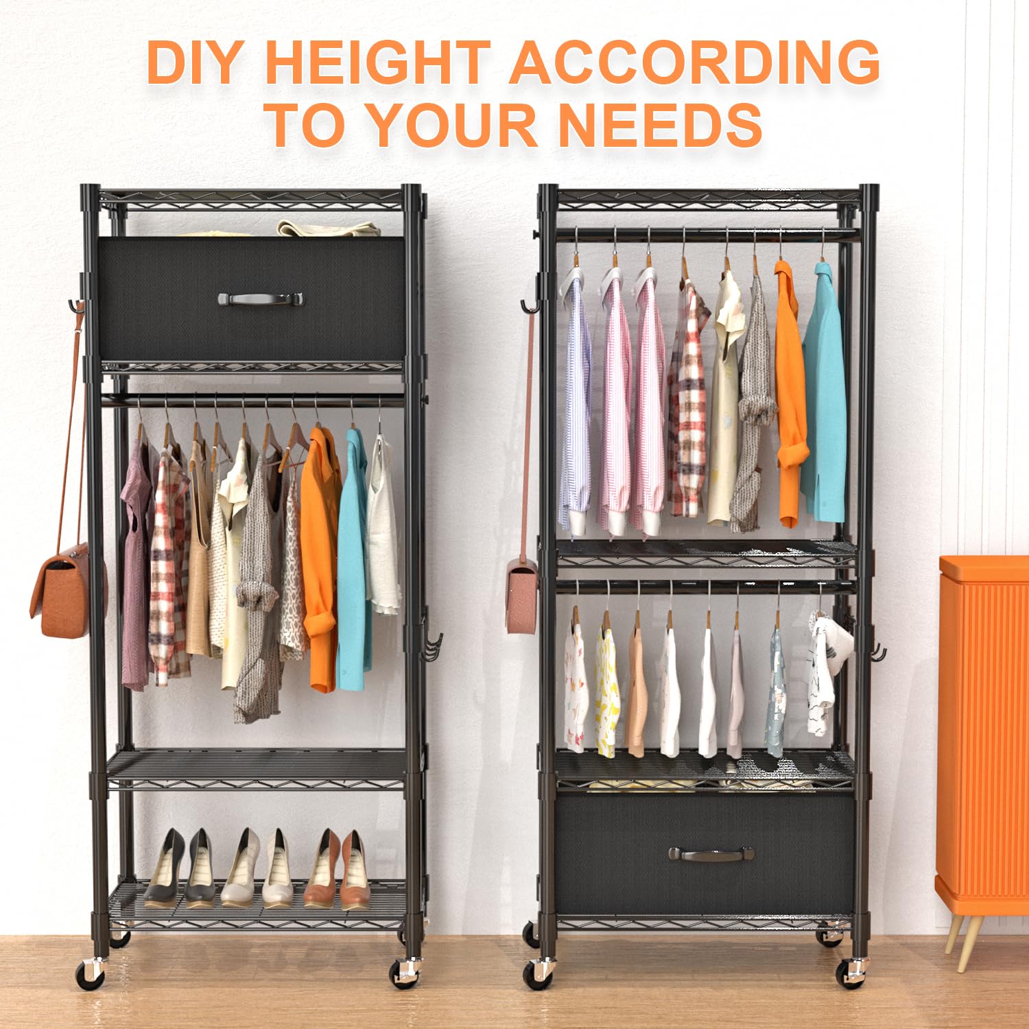 Vygrow Clothes Rack, Clothing Rack For Hanging Clothes, Kids Clothes Rack, 4 Tiers Adjustable Closet Organizer With Drawer | Dou