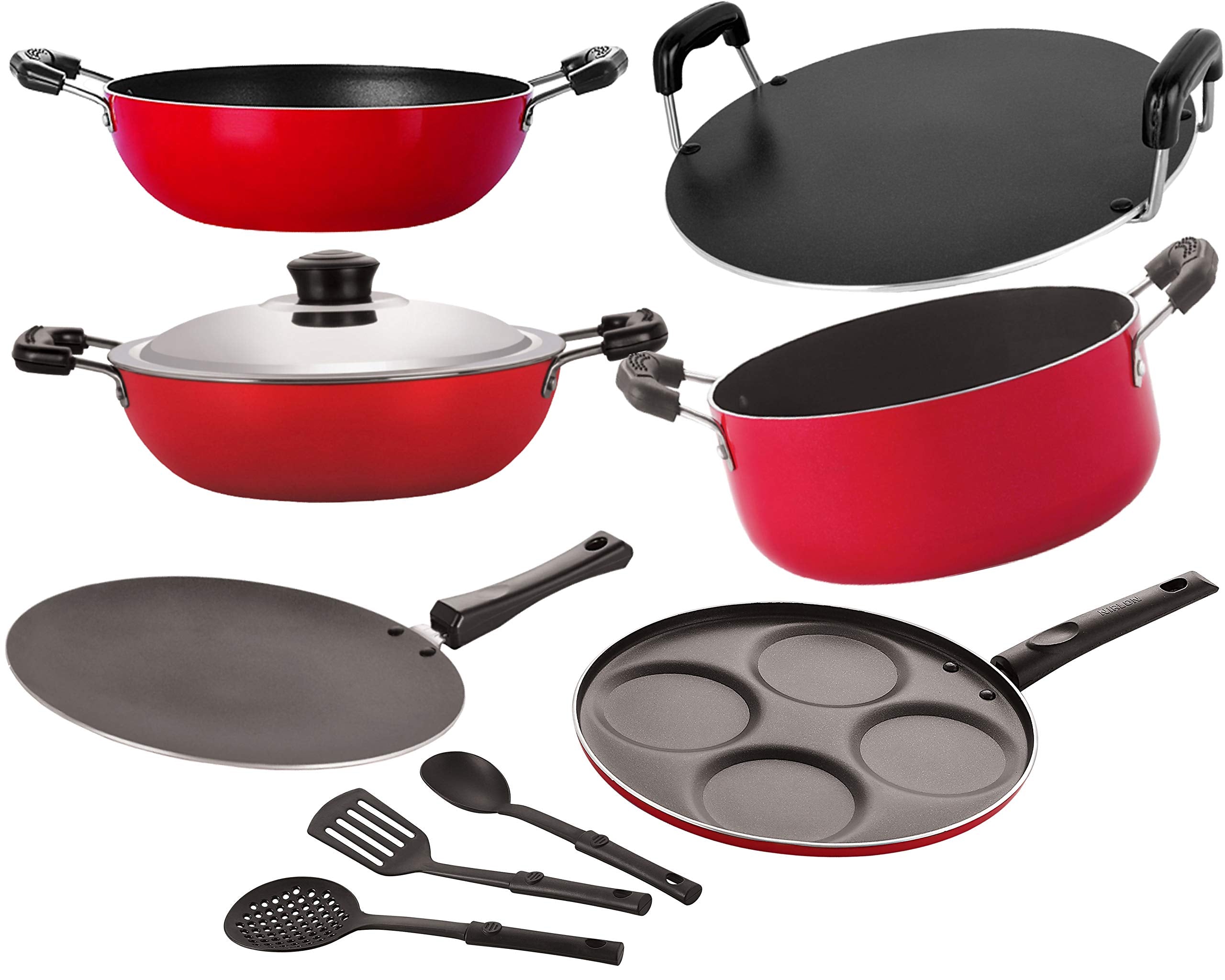 Nirlon NonStick Aluminium Heat Resistance Cookware Combo Set, 9  Piece [26_Ct_Kd12_Dkdb_Rt_Cass20_Up4_3Spn]
