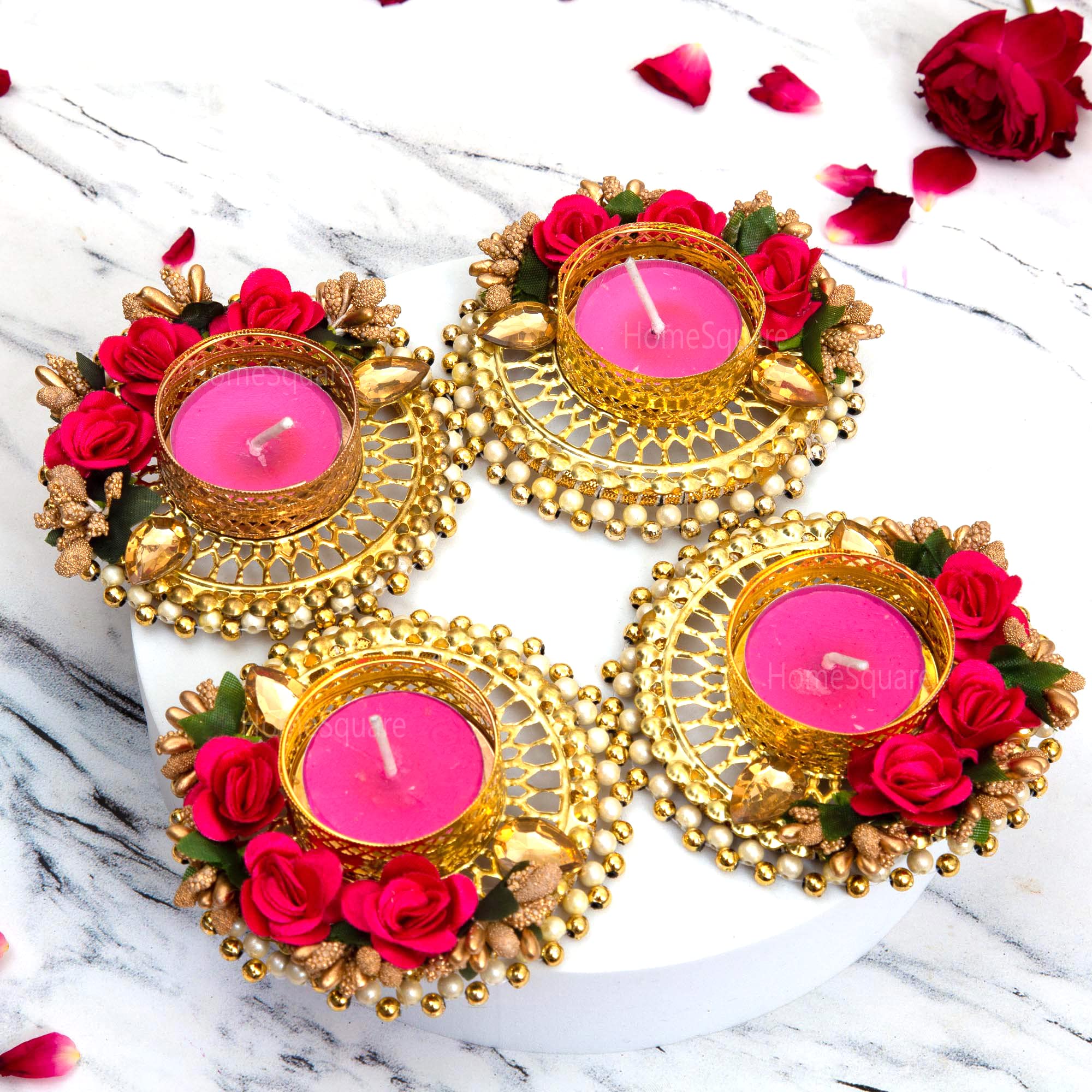 HomeSquare Tealight Holder Decorative Diwali Diya with Artificial Flowers & Tealights (Pack of 4)