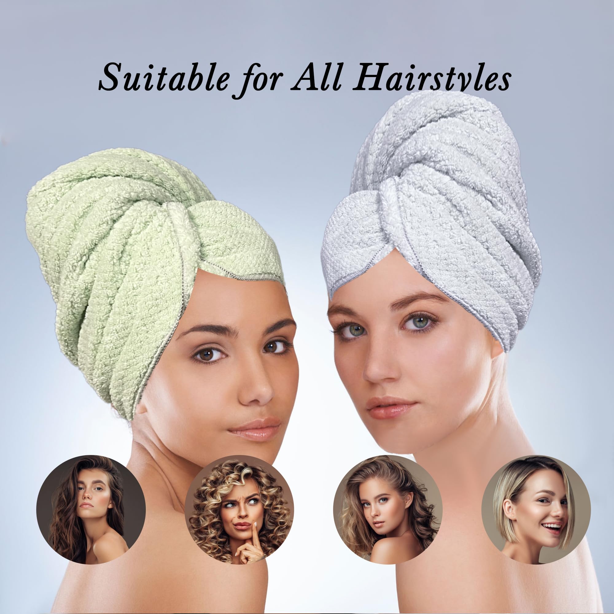Simnice 2 Pack Extra Microfiber Hair Towel Wrap for Women,Super Soft Anti Frizz Hair Wrap Towels with Elastic Band for All Hairs