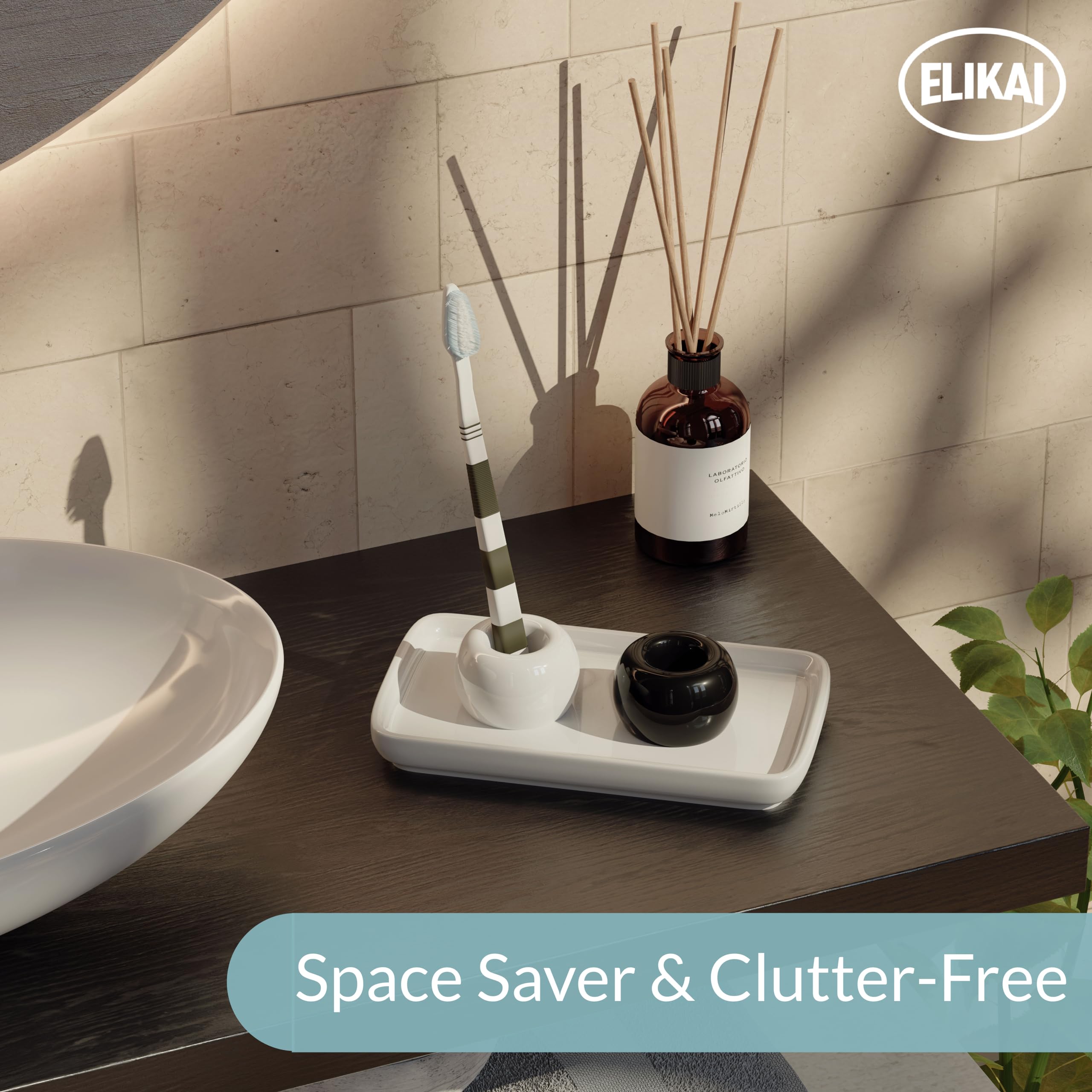 Ceramic Toothbrush Holder With Tray For Bathroom Countertop, Small Toothbrush Holder Stand With Toothpaste Holder, Standing Toot