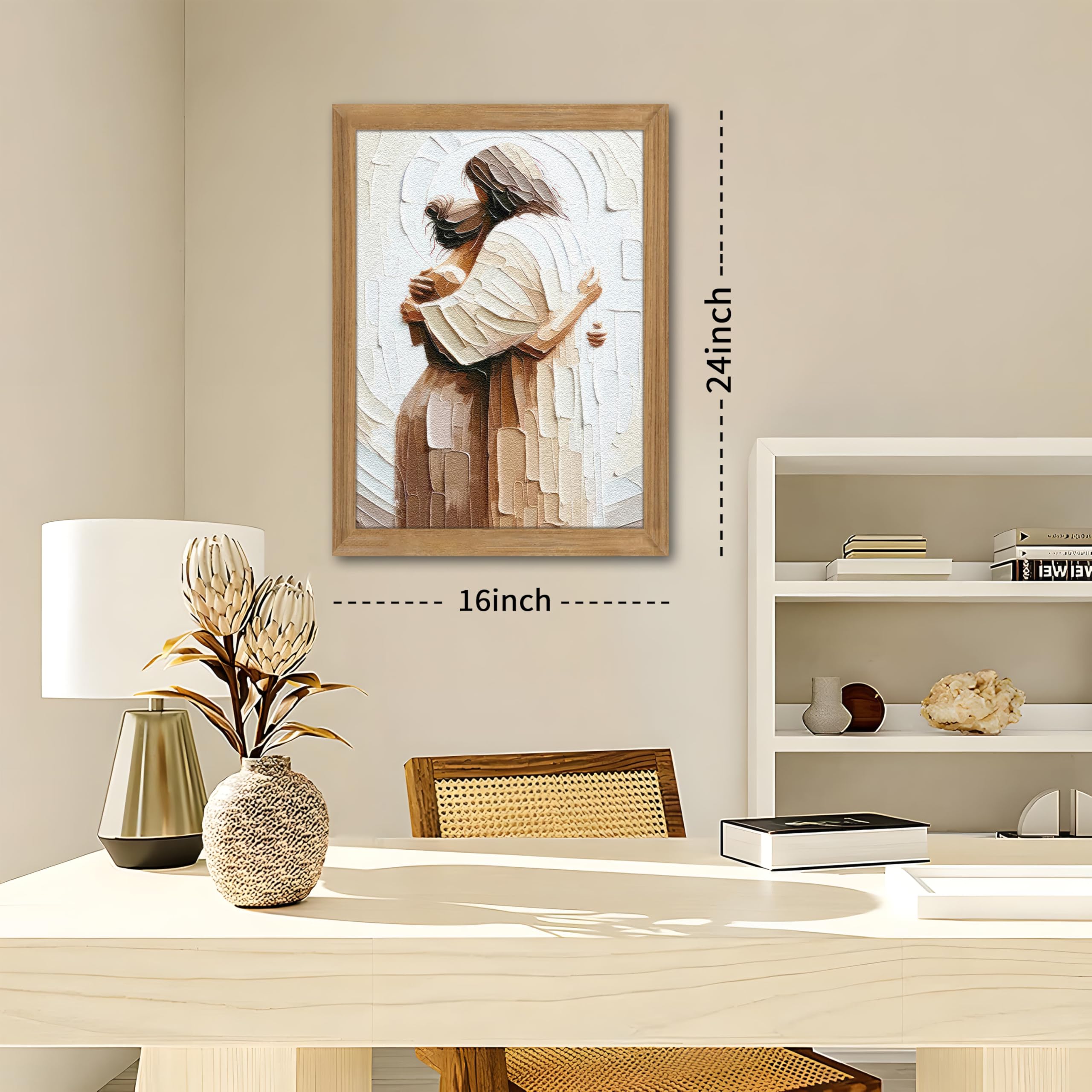 Framed 3D Textured Jesus Embracing Woman Wall Art, Safe In His Arms Pictures Hand Drawn Sandstone Wall Decor, Christian Wall Art