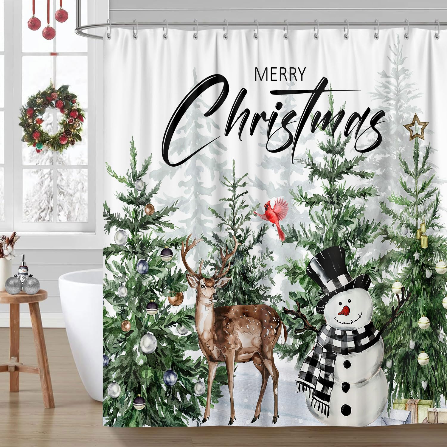 Farmhouse Christmas Forest Shower Curtain Set, Rustic Winter Woodland Snowy Snowflake Snowman Green Pine Tree Deer Cardinal Deco