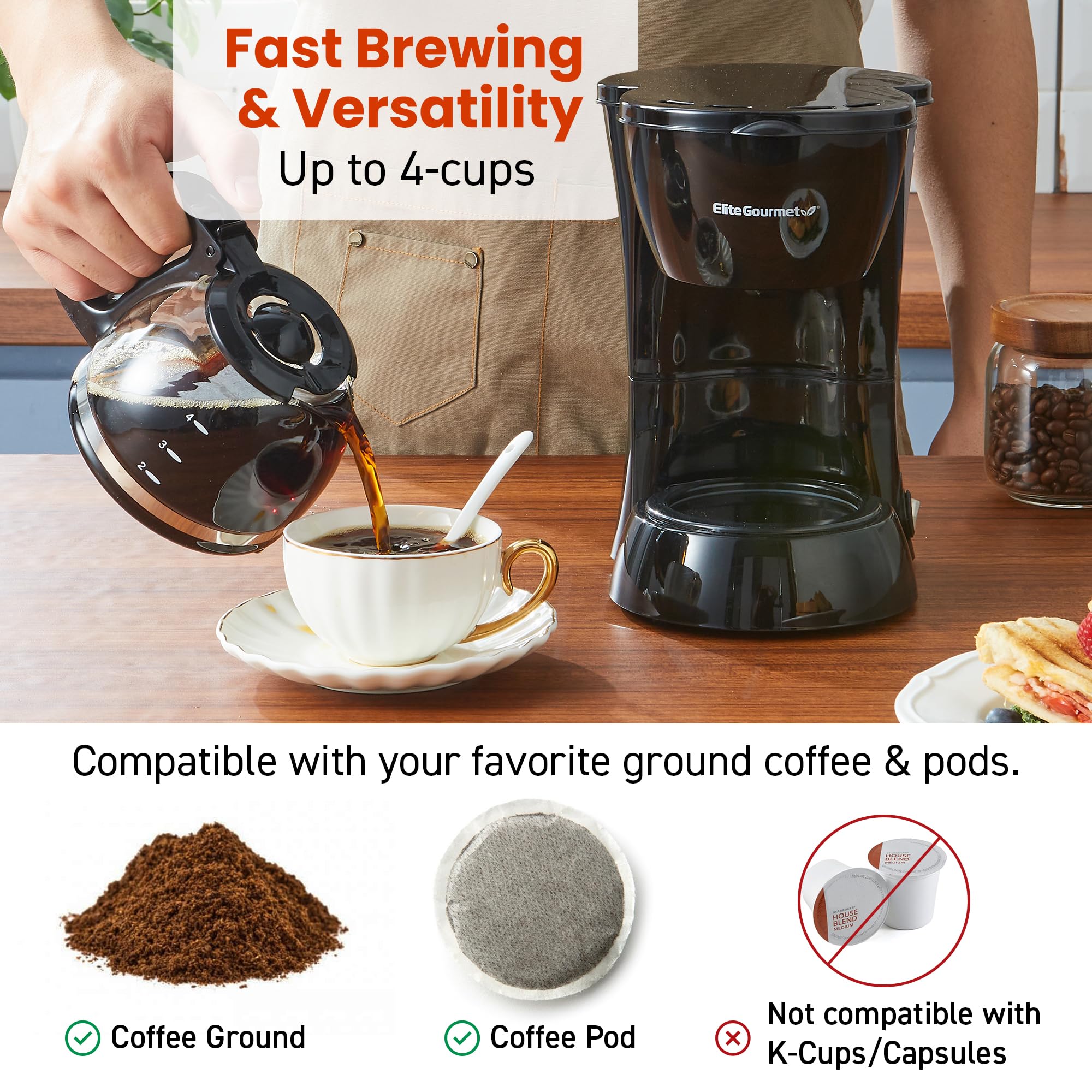 Elite Gourmet Ehc4128 Automatic 4-Cup Brew & Drip Coffee Maker With Pause N Serve, Glass Carafe, Reusable Filter, On/Off Switch,