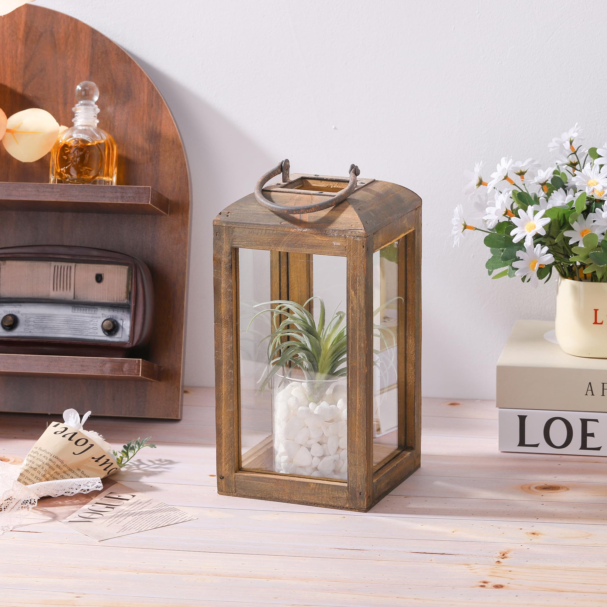 11 High Wooden Lantern Made of Solid Firwood in Handpainted Mediterranean Brown with Metal Handle,Hurricane Lantern, Farmhouse L