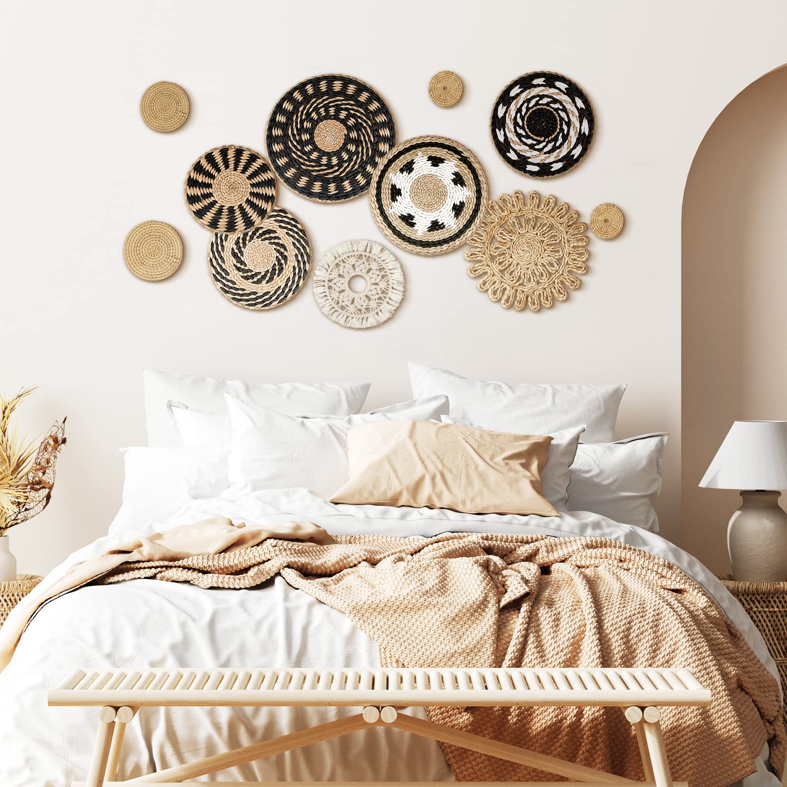 Tatuo 11 Pcs Boho Wall Basket Decor Decorative Bulrush Woven Basket Wall Decor Boho Wall Art Round Farmhouse Wall Hanging Basket