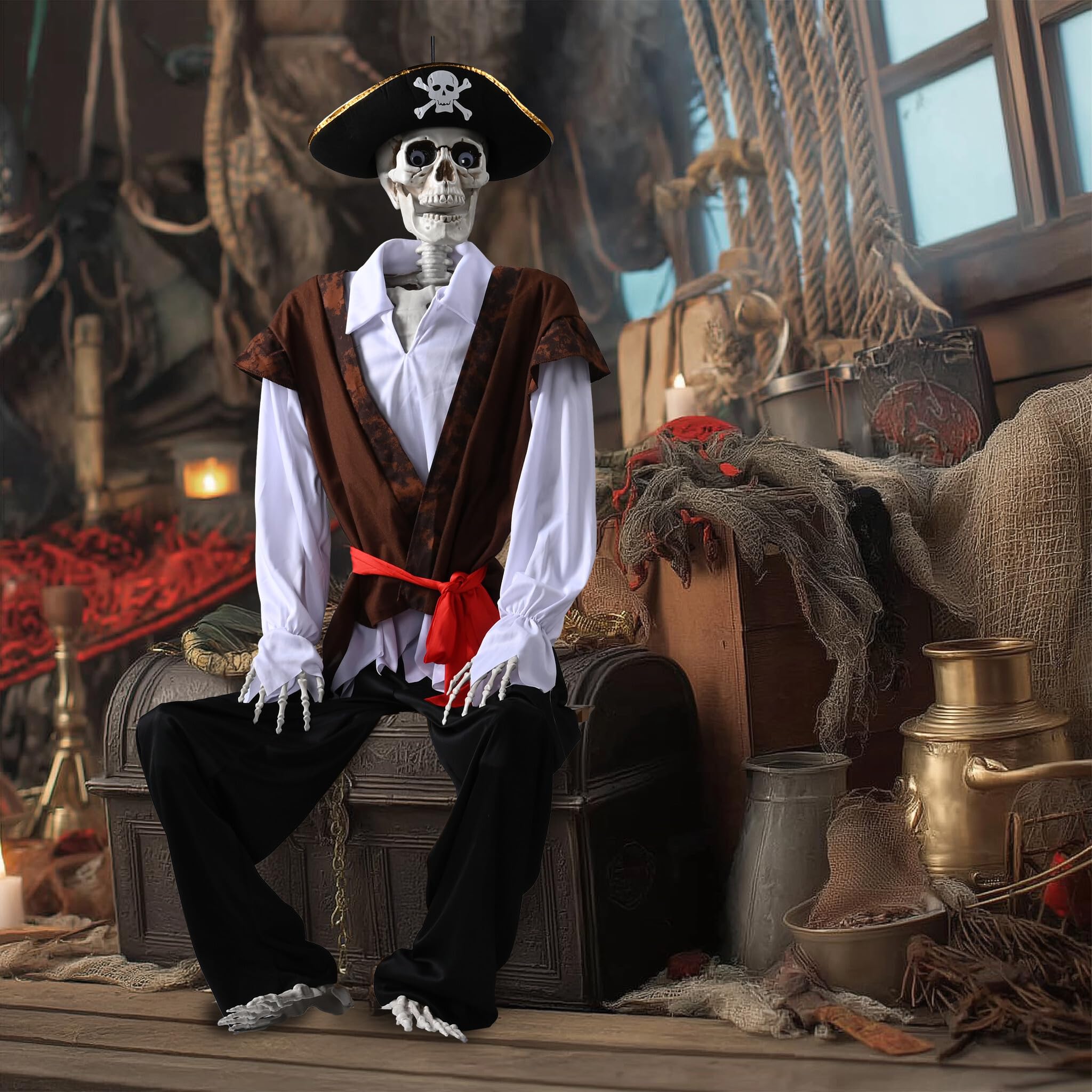 AW Skeleton Pirate Captain Life Size 5.4FT Halloween Decoration Movable Joints Human Bone with Detailed Costume Outdoor Yard Ind