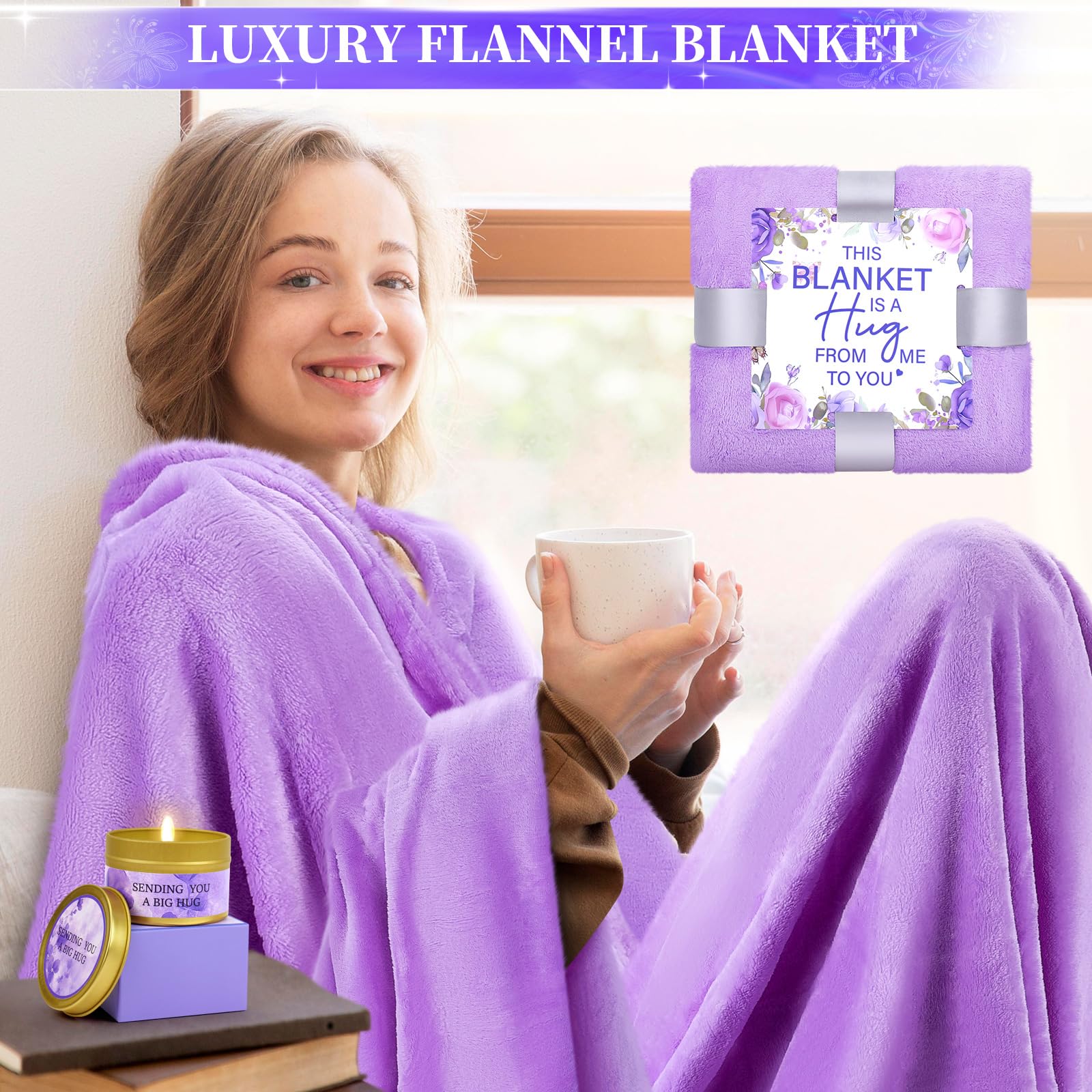 Birthday Gifts for Women -Purple Happy Birthday Gift Basket for Mom, Wife, Girlfriend, Sister, Her, Pillow/Blanket/Tote Bag/Self