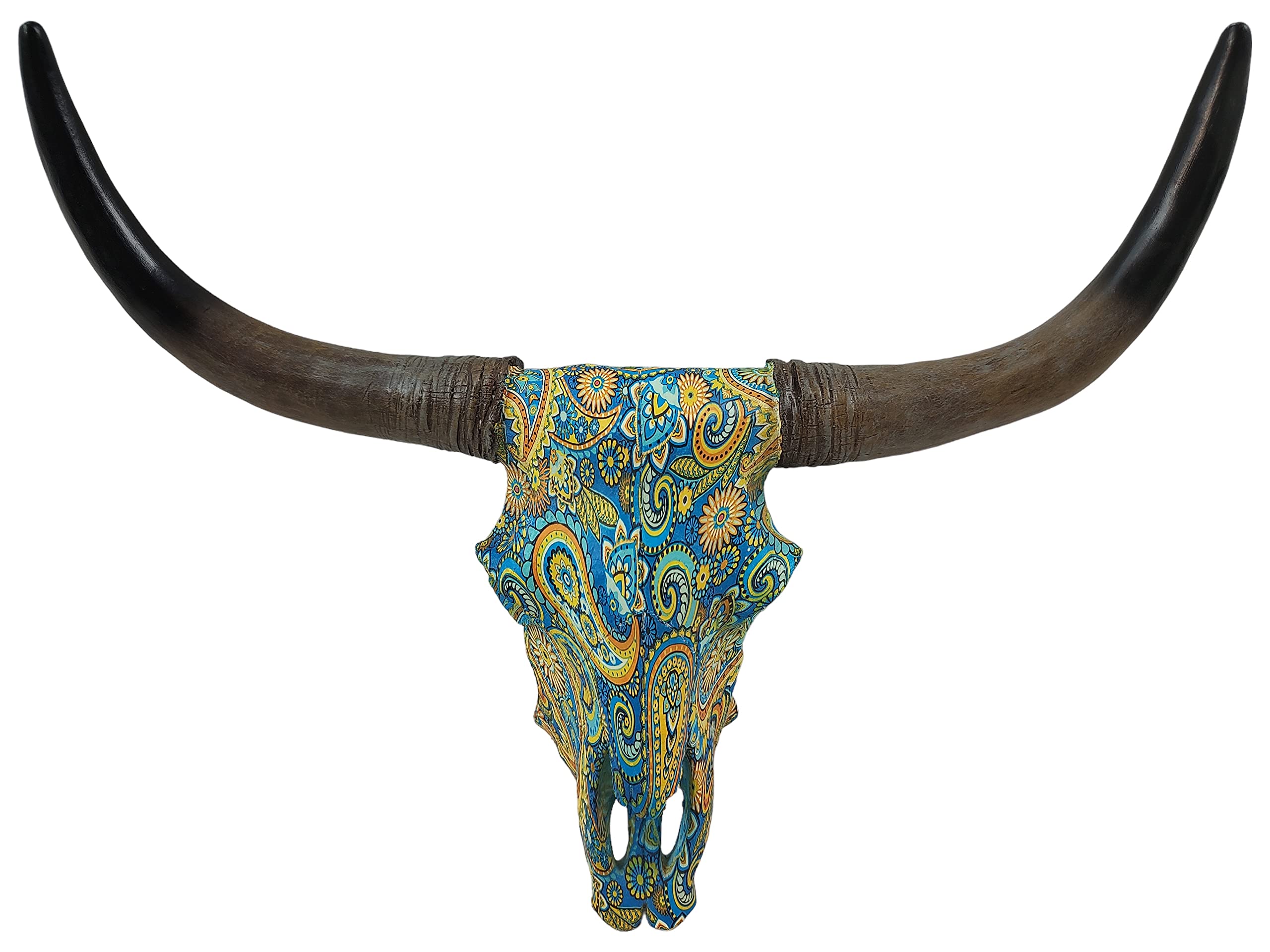 DeLeon Collections Southwestern Dreamscape Painted Paisley Floral Longhorn Cow Bull Steer Skull Hanging Wall D  cor, Blue/Orange