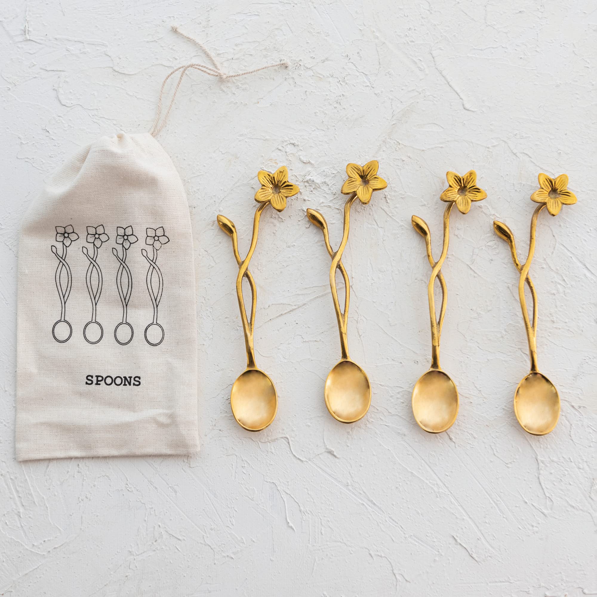 Creative Co-Op Farmhouse Brass Flower Handles In Drawstring Bag, Finish Spoon